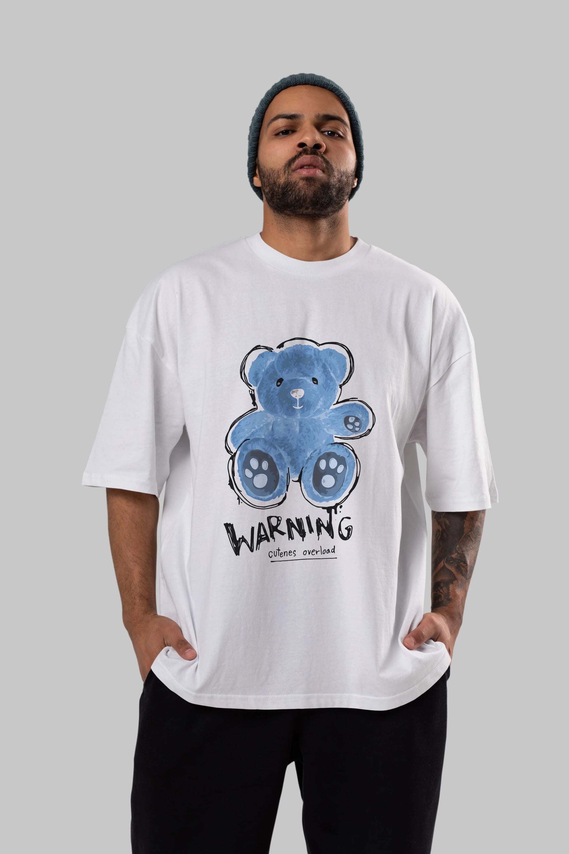 Warning Cuteness Bear Ön Baskılı Oversize t-shirt Erkek Kadın Unisex