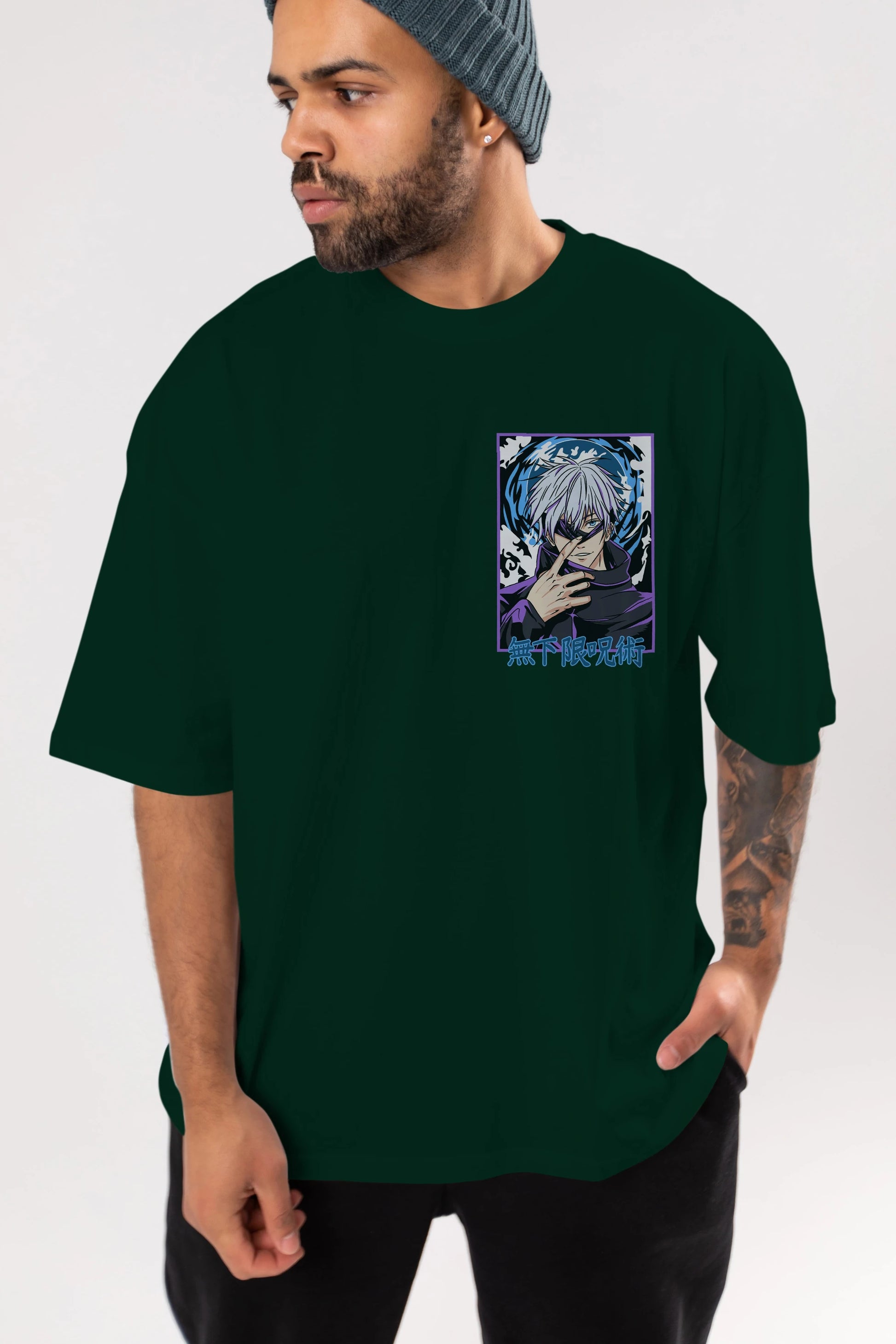 SATORU GOJO 3 Ön Sol Baskılı Oversize t-shirt Erkek Kadın Unisex %100 Pamuk Bisiklet Yaka tişort