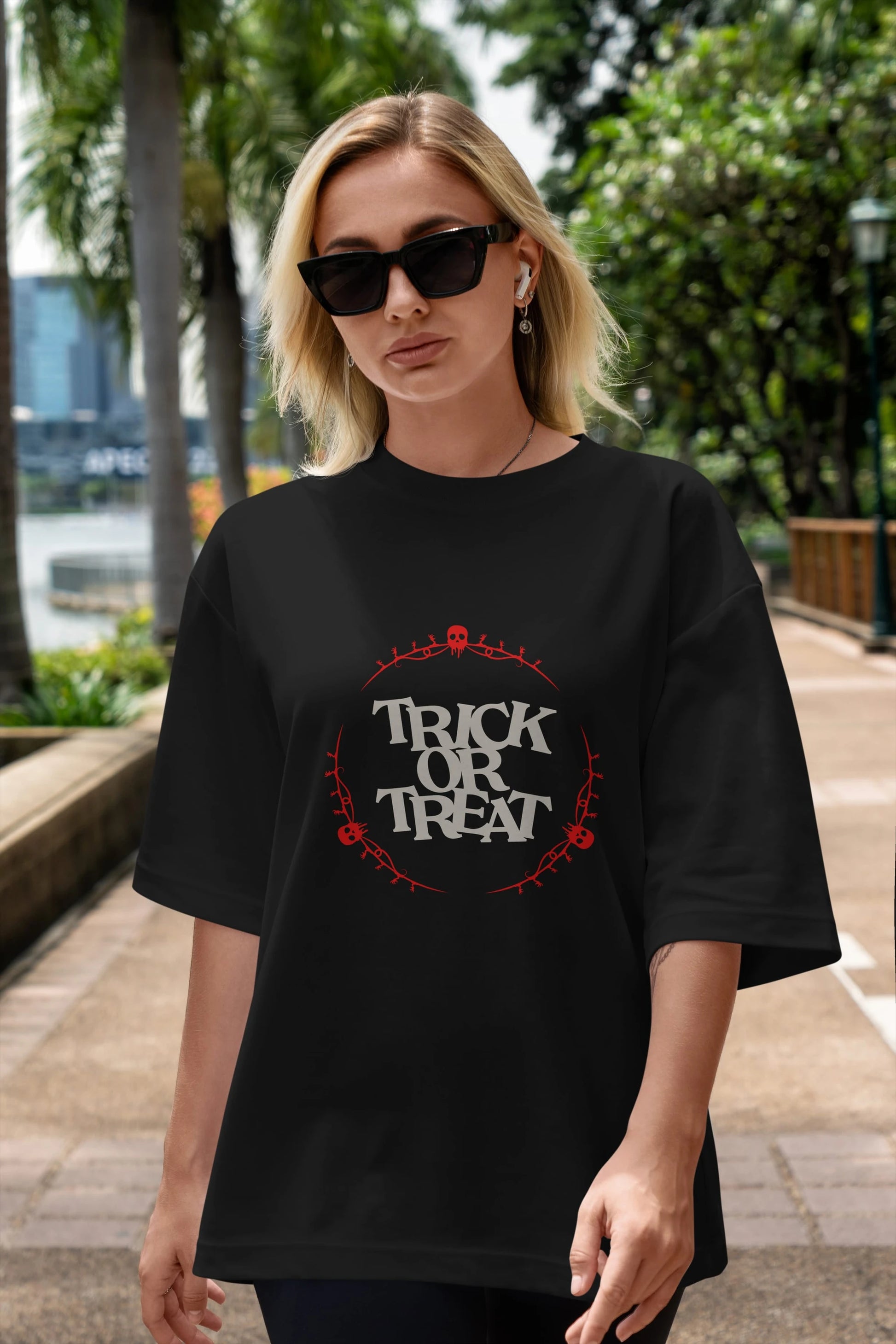 Trick or Treat Yazılı Ön Baskılı Oversize t-shirt Erkek Kadın Unisex