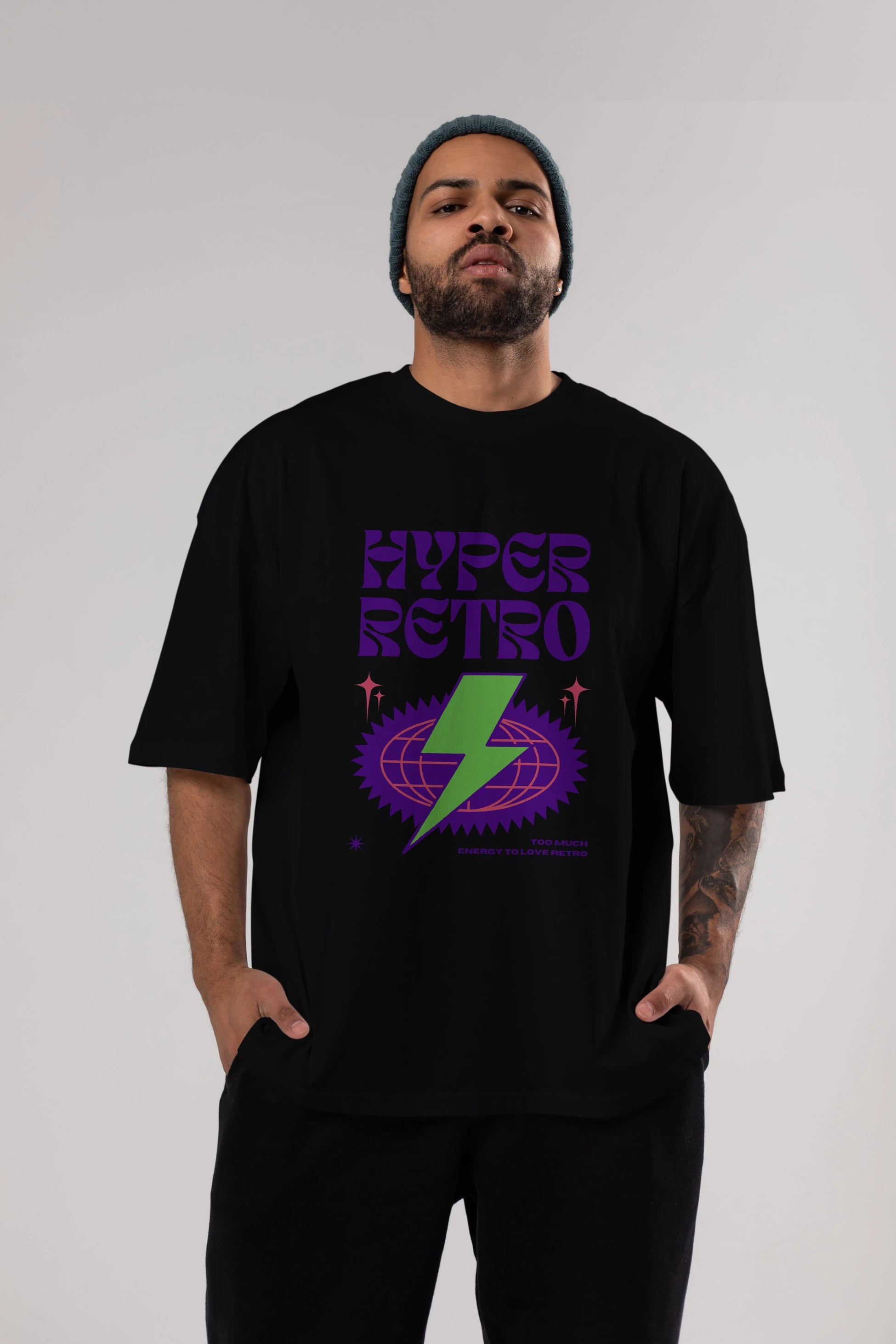 Hyper Retro Yazılı Ön Baskılı Oversize t-shirt Erkek Kadın Unisex