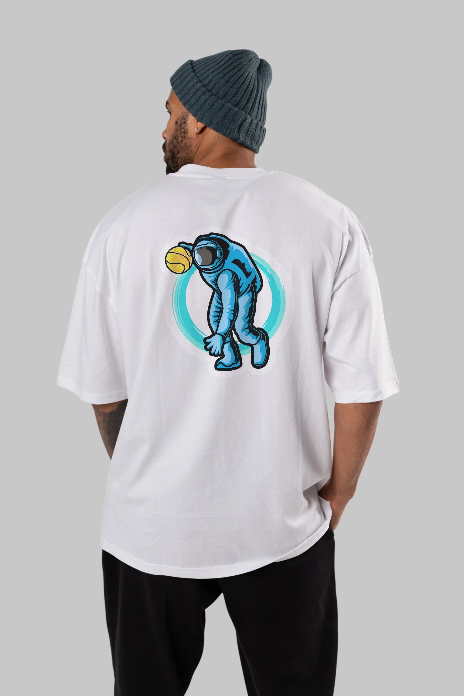 Astronaut Dribble Sticker Arka Baskılı Oversize t-shirt Erkek Kadın Unisex