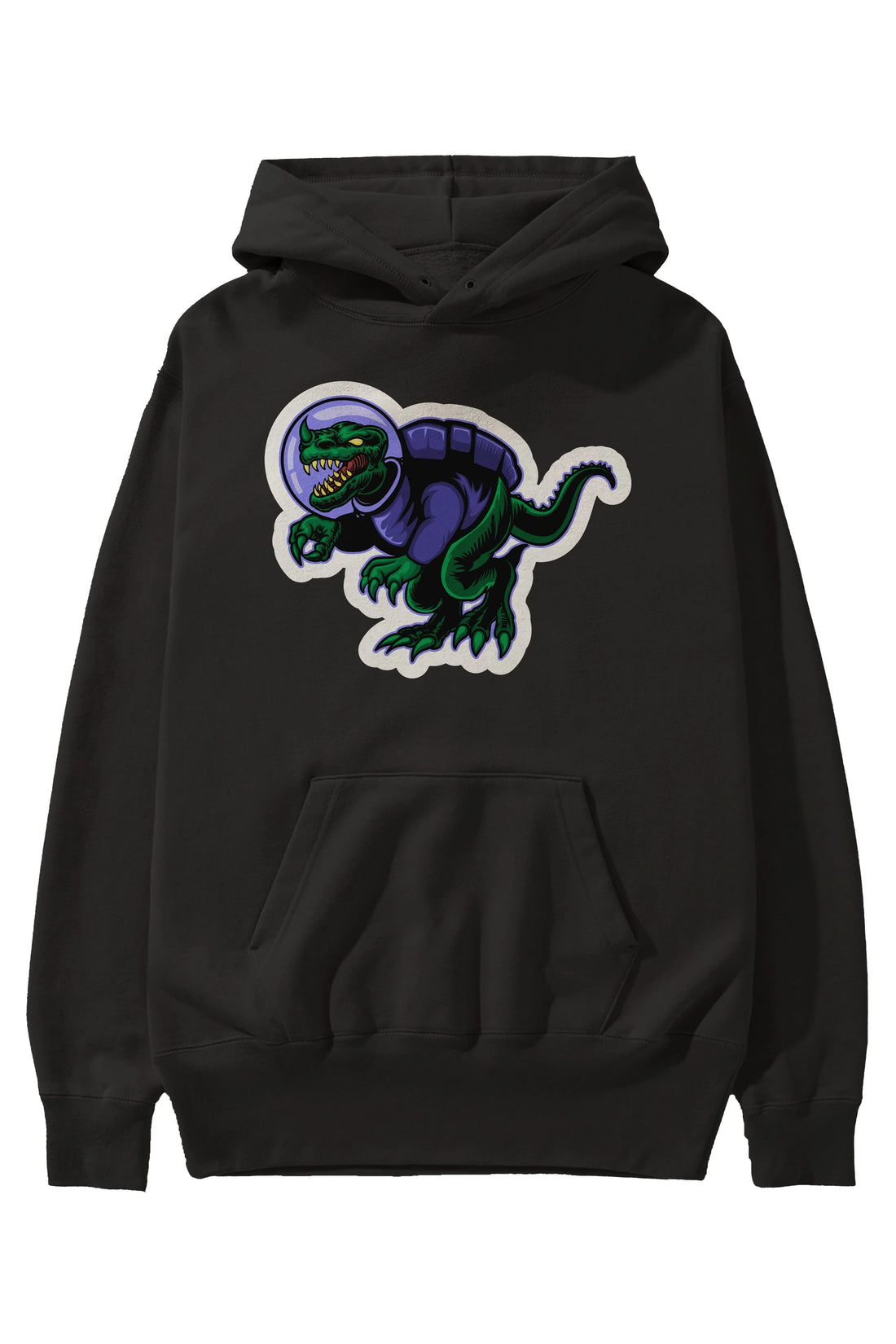 Space Dino Sticker Ön Baskılı Hoodie Oversize Kapüşonlu Sweatshirt Erkek Kadın Unisex