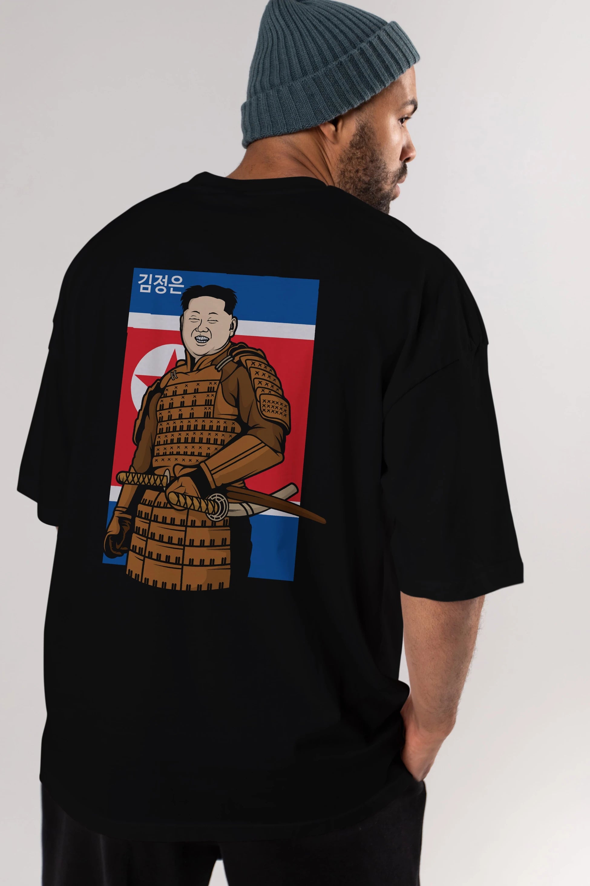 Samurai Jong Un Arka Baskılı Oversize t-shirt Erkek Kadın Unisex %100 Pamuk tişort