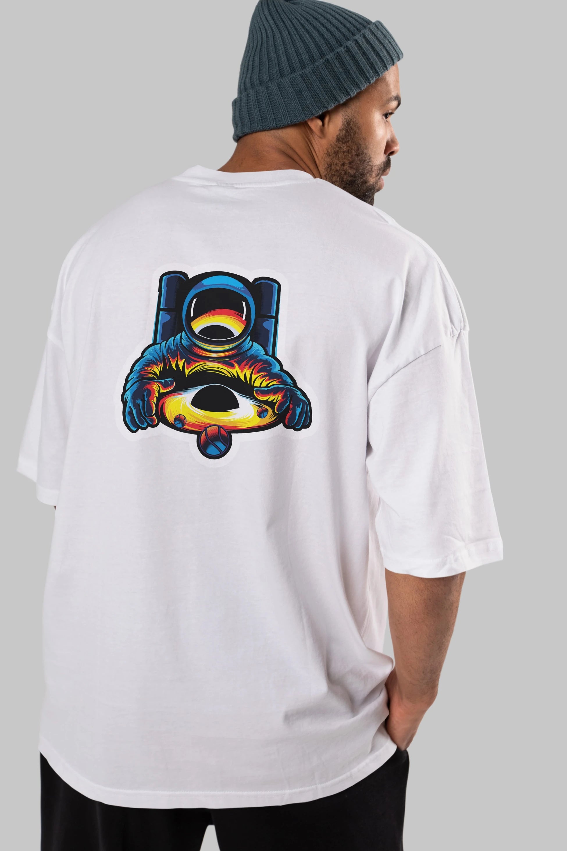 Astronaut & Black Hole Sticker Arka Baskılı Oversize t-shirt Erkek Kadın Unisex