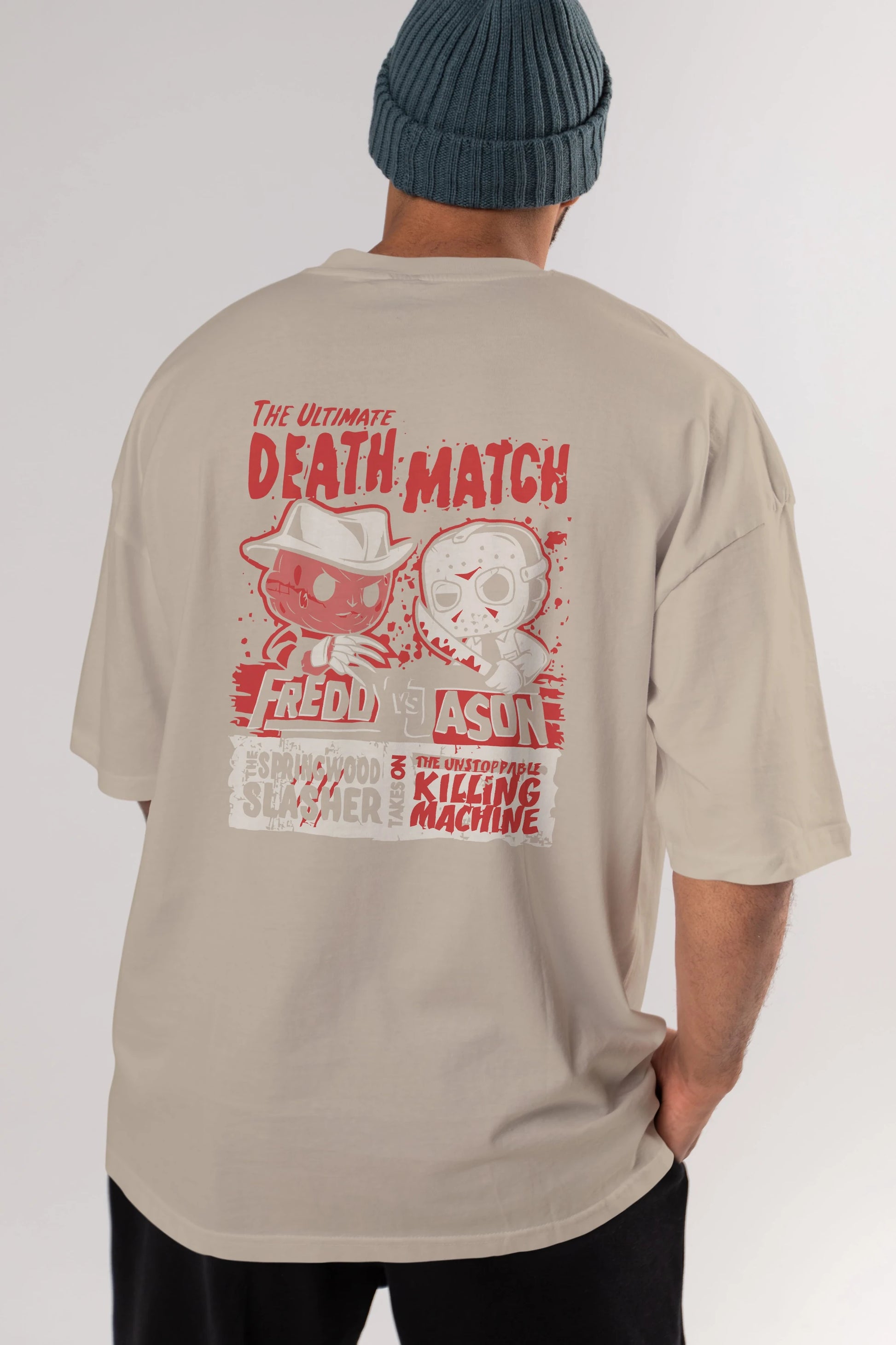Freddy vs Jason Arka Baskılı Oversize t-shirt Erkek Kadın Unisex %100 Pamuk Bisiklet Yaka tişort