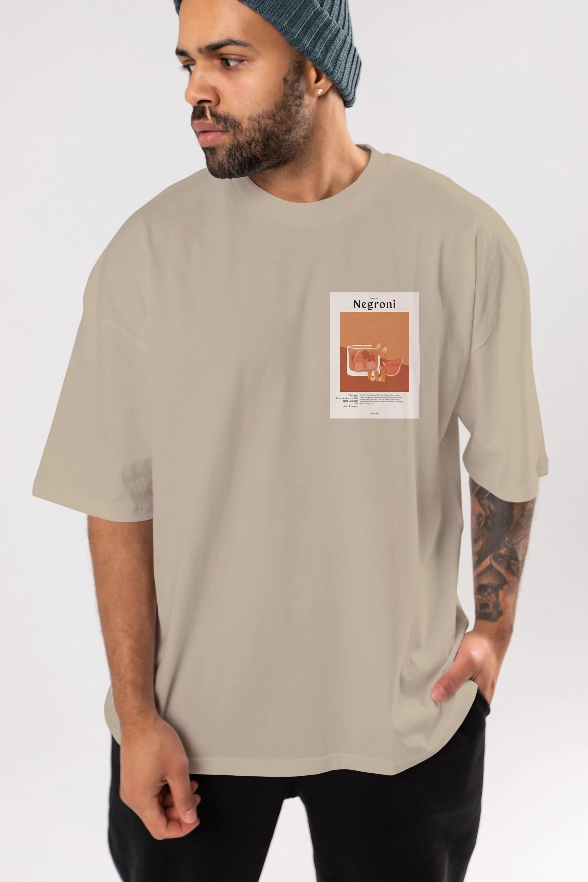 Mixology Negroni Ön Sol Baskılı Oversize t-shirt Erkek Kadın Unisex %100 Pamuk Bisiklet Yaka tişort