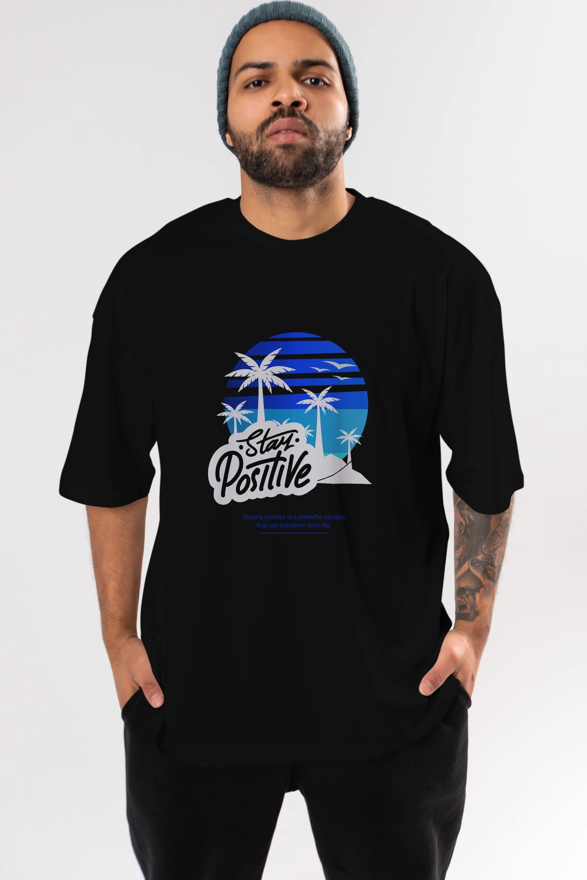Stay Positive Yazılı Ön Baskılı Oversize t-shirt Erkek Kadın Unisex