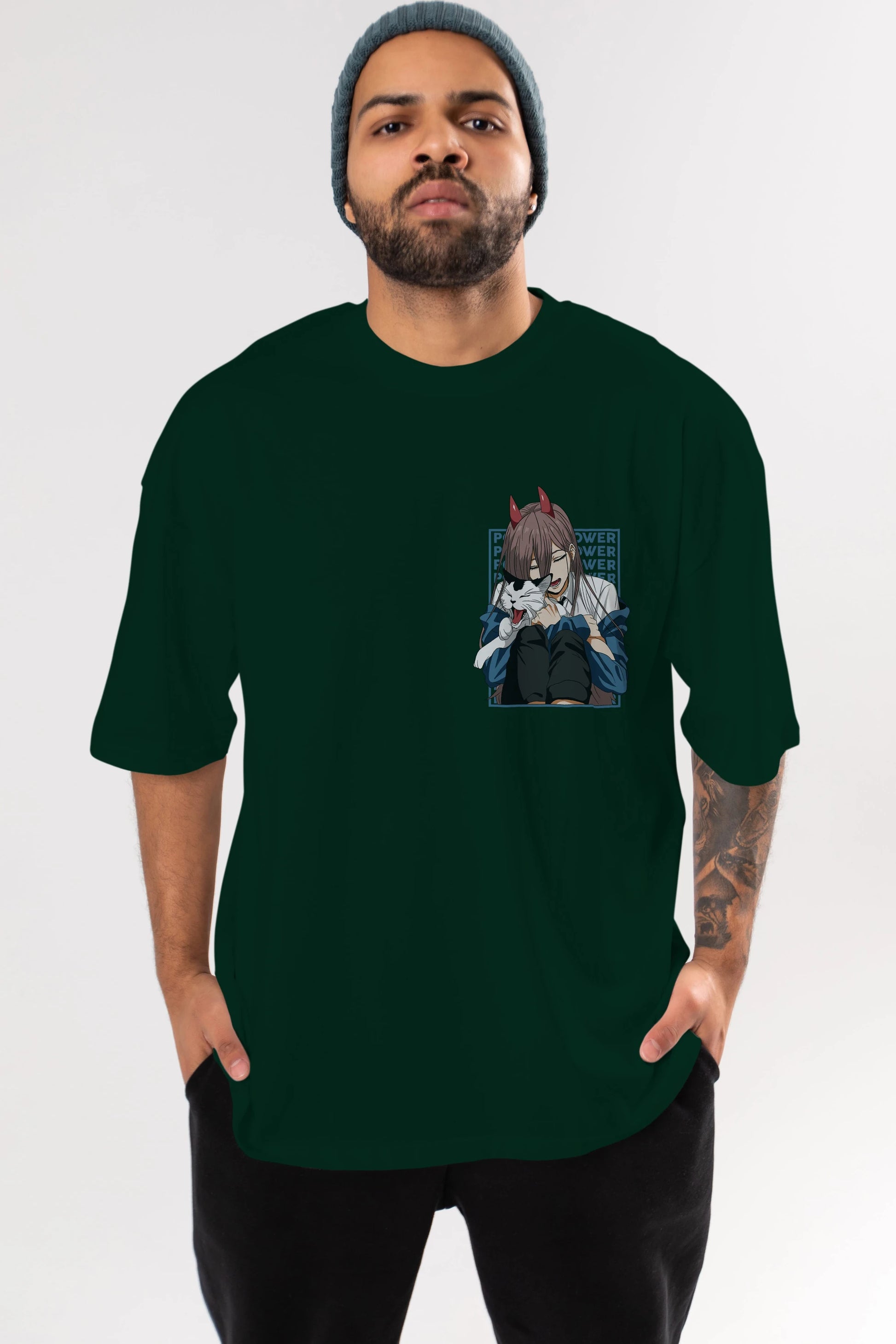 POWER CHAINSAWMAN Ön Sol Baskılı Oversize t-shirt Erkek Kadın Unisex %100 Pamuk Bisiklet Yaka tişort