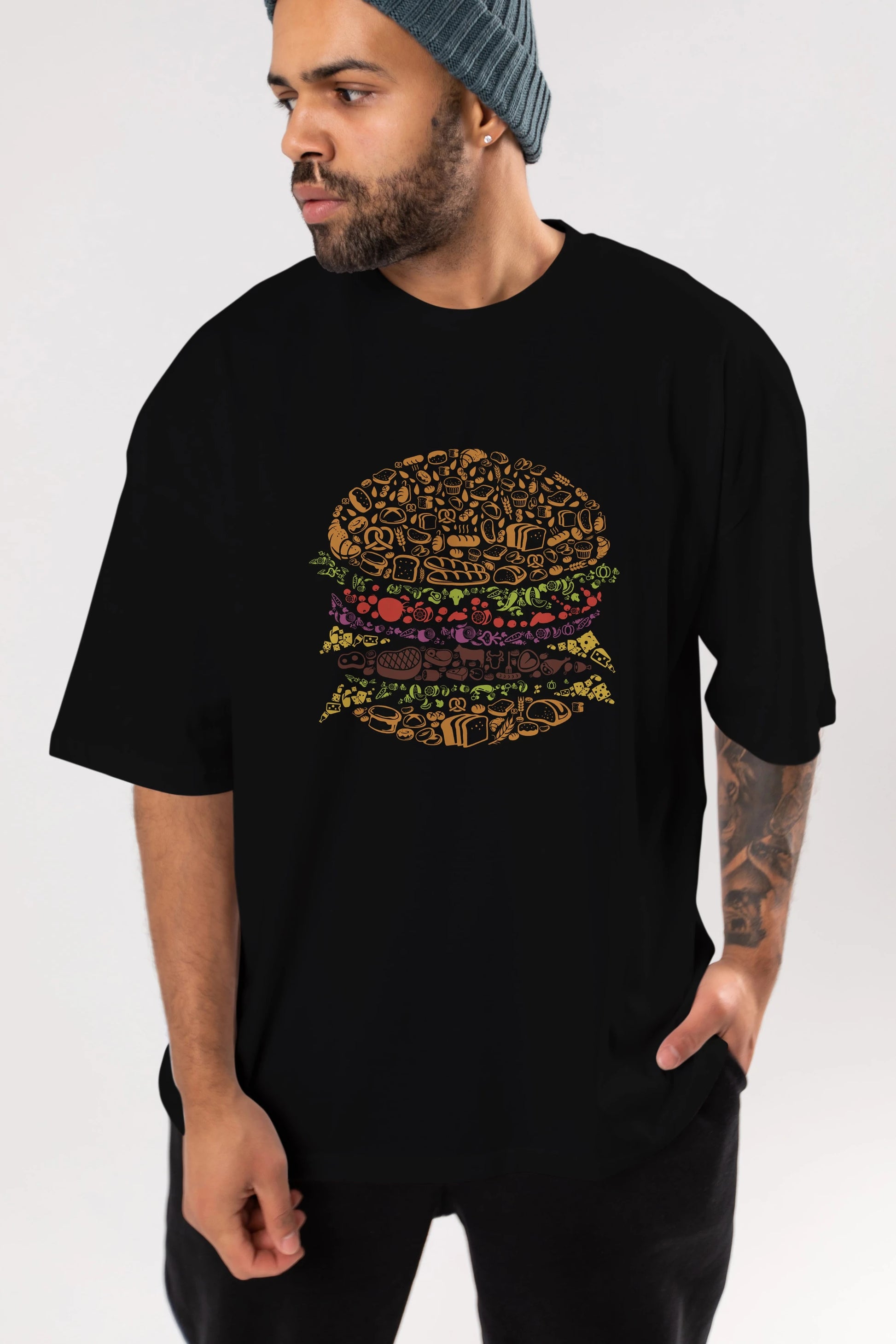 Burger Ön Baskılı Oversize t-shirt %100 pamuk Erkek Kadın Unisex