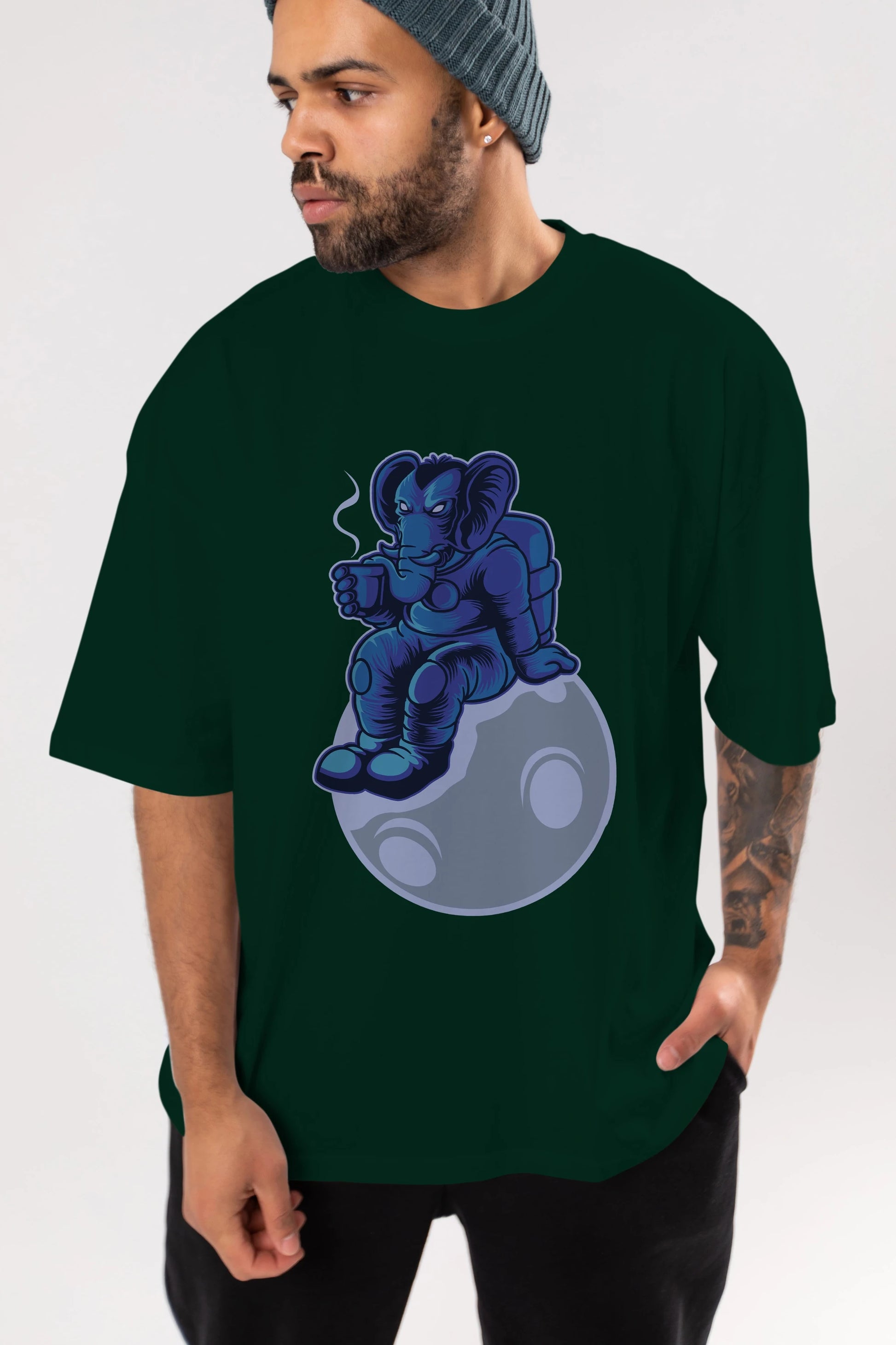 Space Elephant Drink Coffee Ön Baskılı Oversize t-shirt Erkek Kadın Unisex