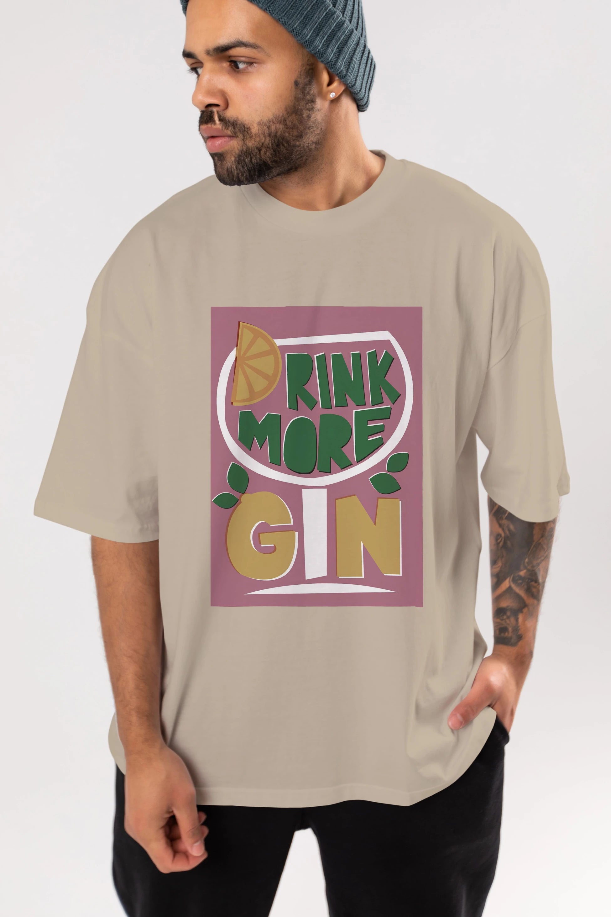 Drink More Gin Ön Baskılı Oversize t-shirt Erkek Kadın Unisex %100 Pamuk Bisiklet Yaka tişort