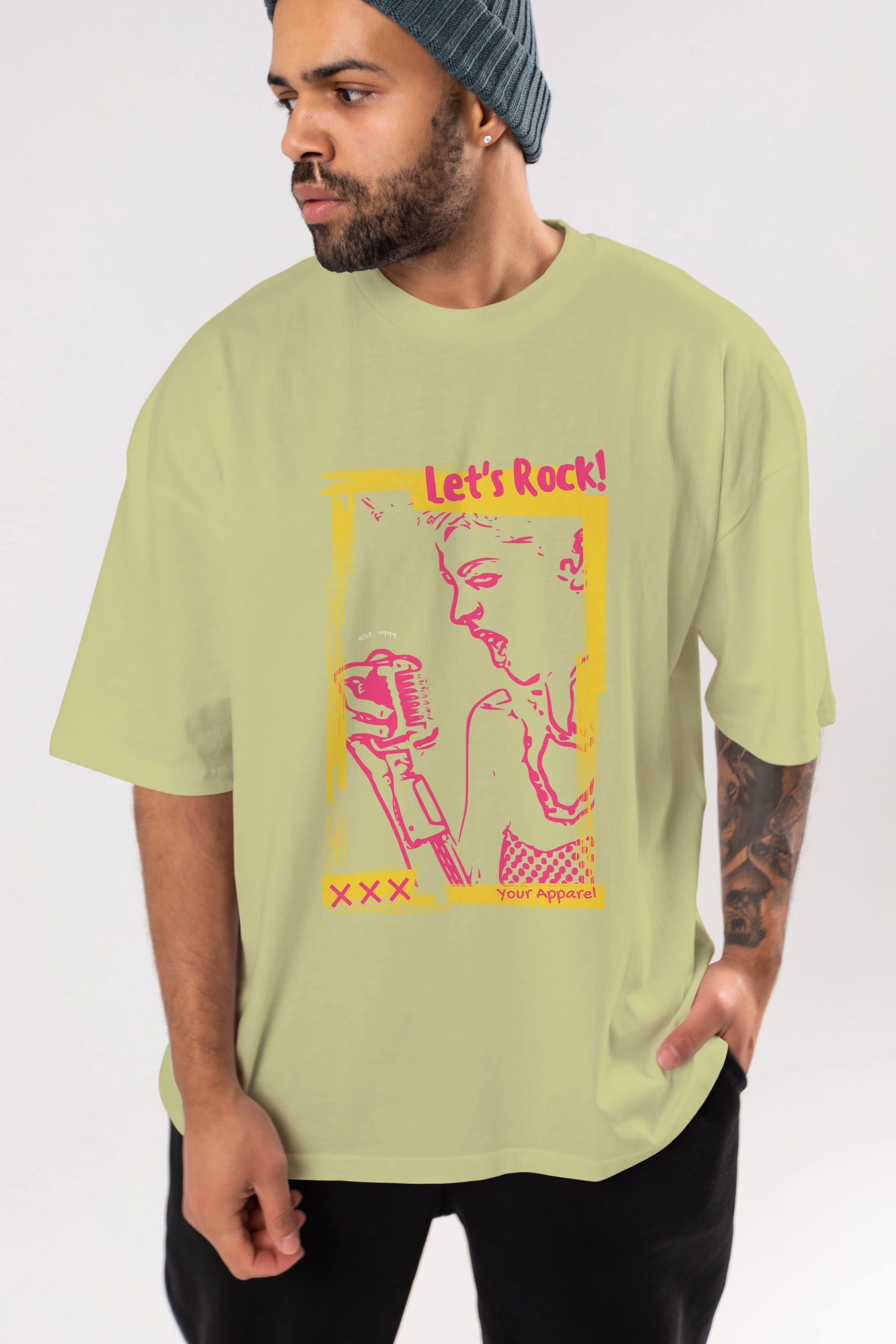 Let's Rock Yazılı Ön Baskılı Oversize t-shirt Erkek Kadın Unisex