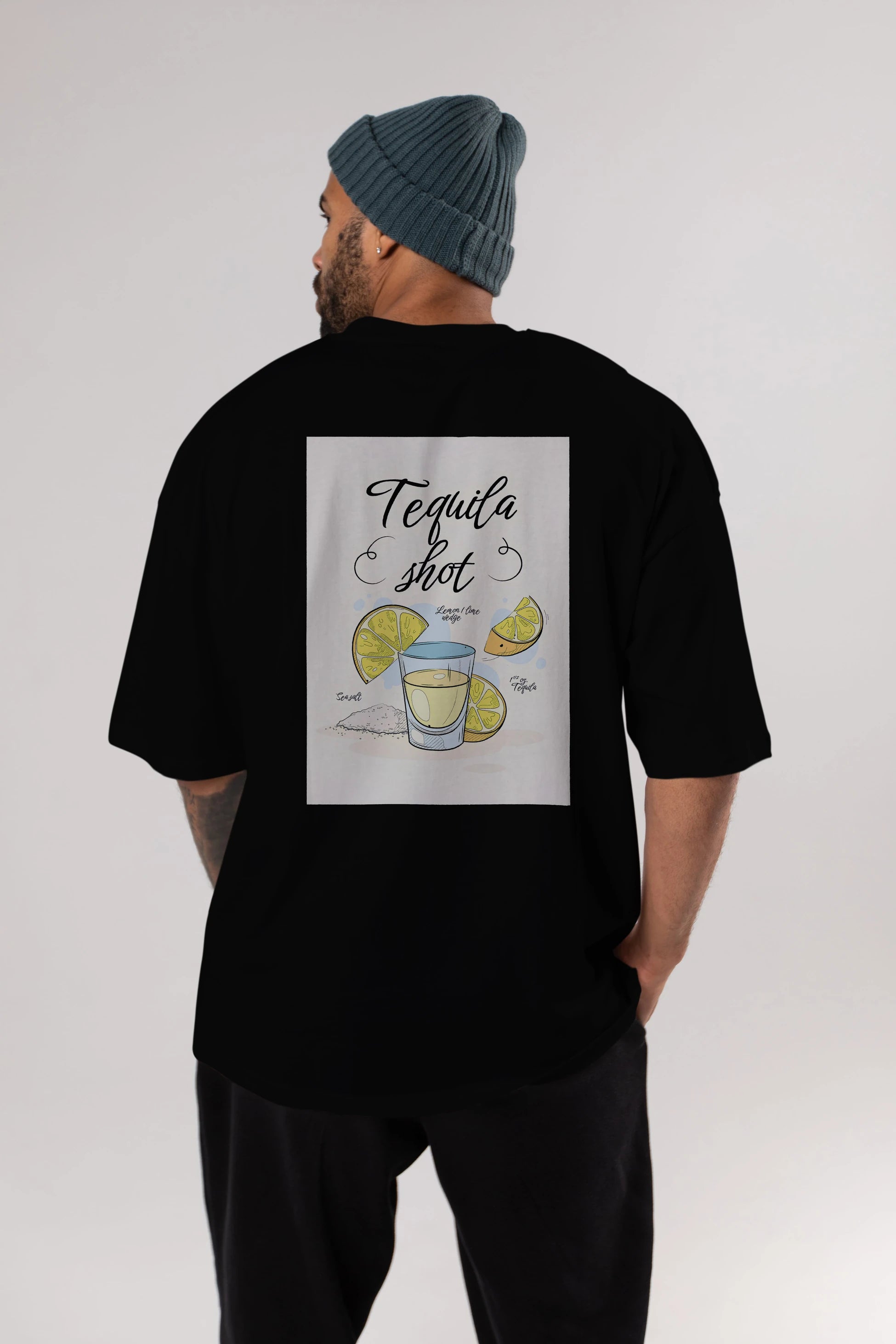 Tequila Shot Arka Baskılı Oversize t-shirt Erkek Kadın Unisex %100 Pamuk Bisiklet Yaka tişort