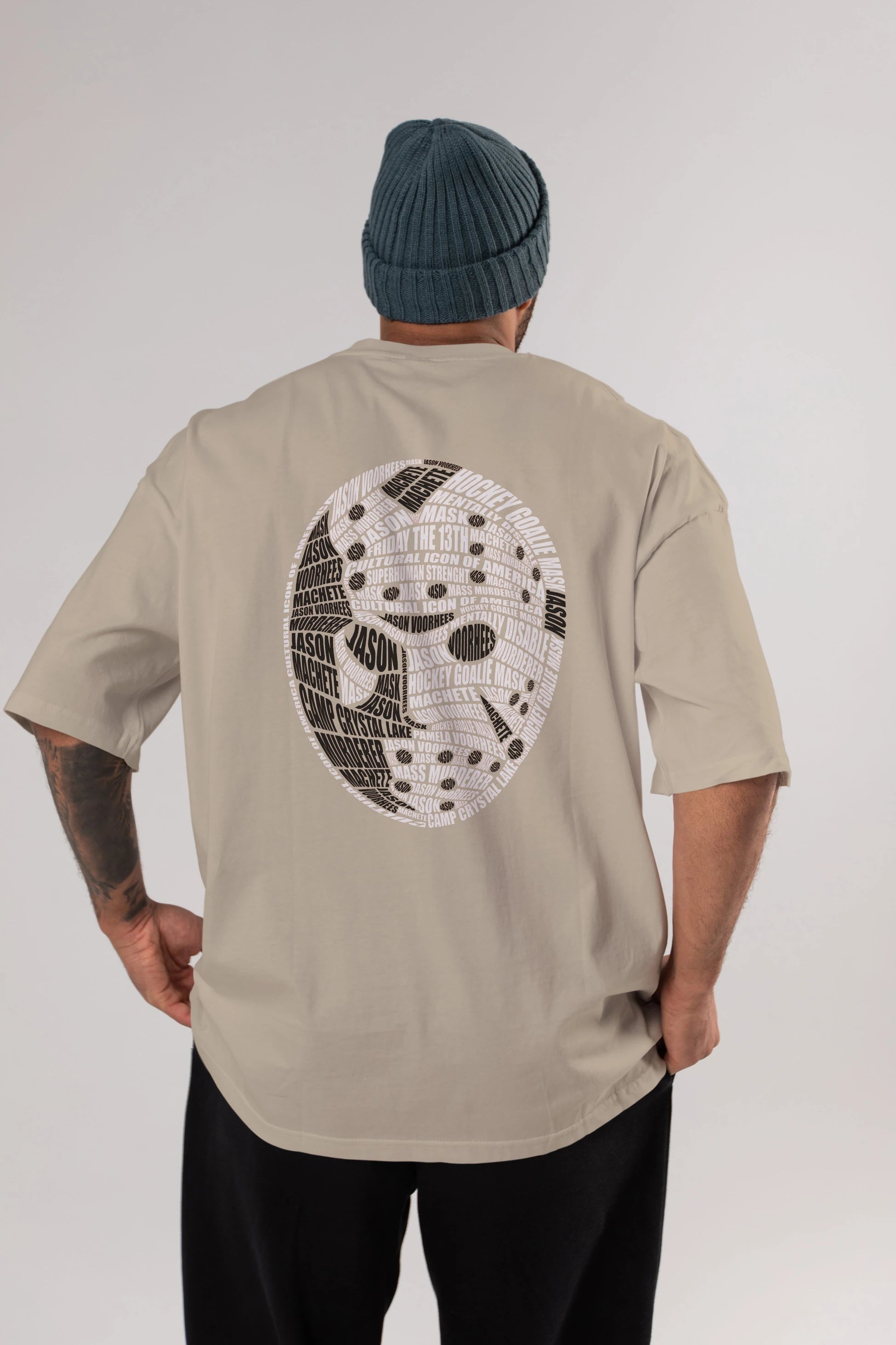 Jason Voorhees Calligram Arka Baskılı Oversize t-shirt %100 pamuk Erkek Kadın Unisex