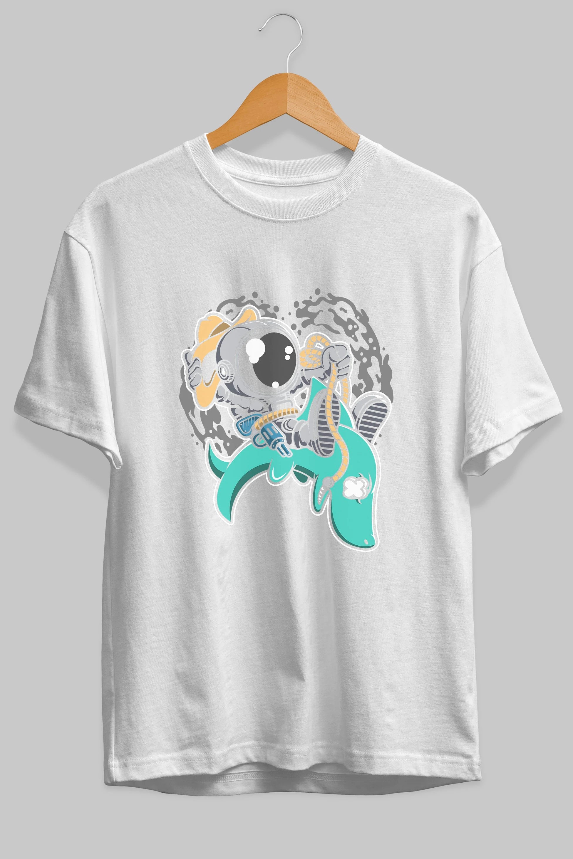 Astronaut Riding Shark Ön Baskılı Oversize t-shirt Erkek Kadın Unisex
