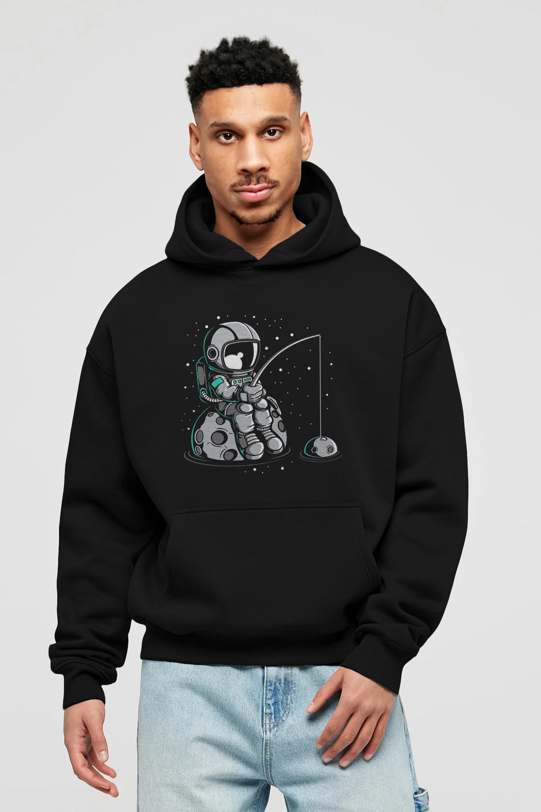 Astronaut Fishing Ön Baskılı Hoodie Oversize Kapüşonlu Sweatshirt Erkek Kadın Unisex