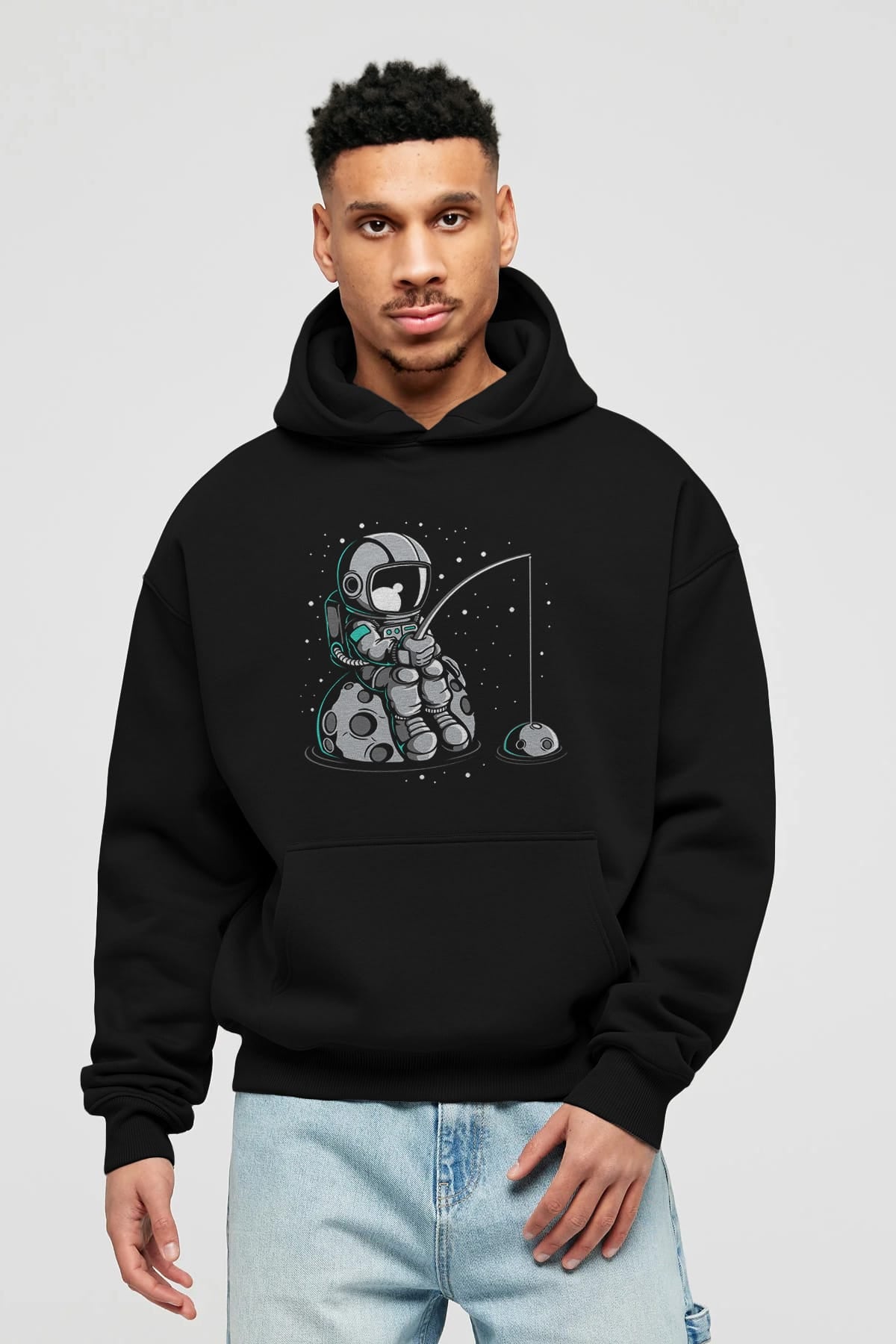 Astronaut Fishing Ön Baskılı Hoodie Oversize Kapüşonlu Sweatshirt Erkek Kadın Unisex