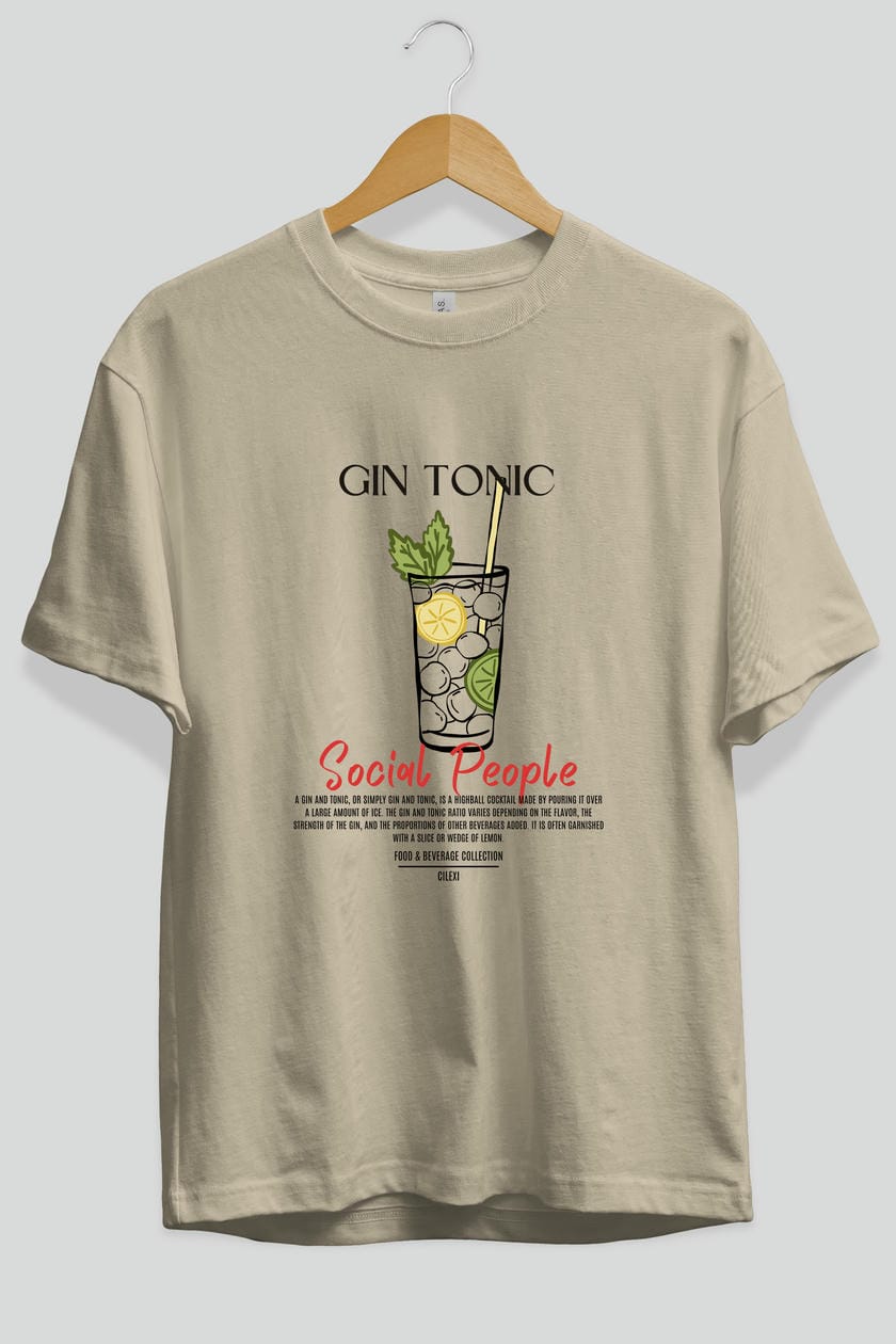 Gın Tonıc Kokteyl Serisi ön Baskılı Oversize t-shirt Erkek Kadın %100 Pamuk Bisiklet Yaka tişort