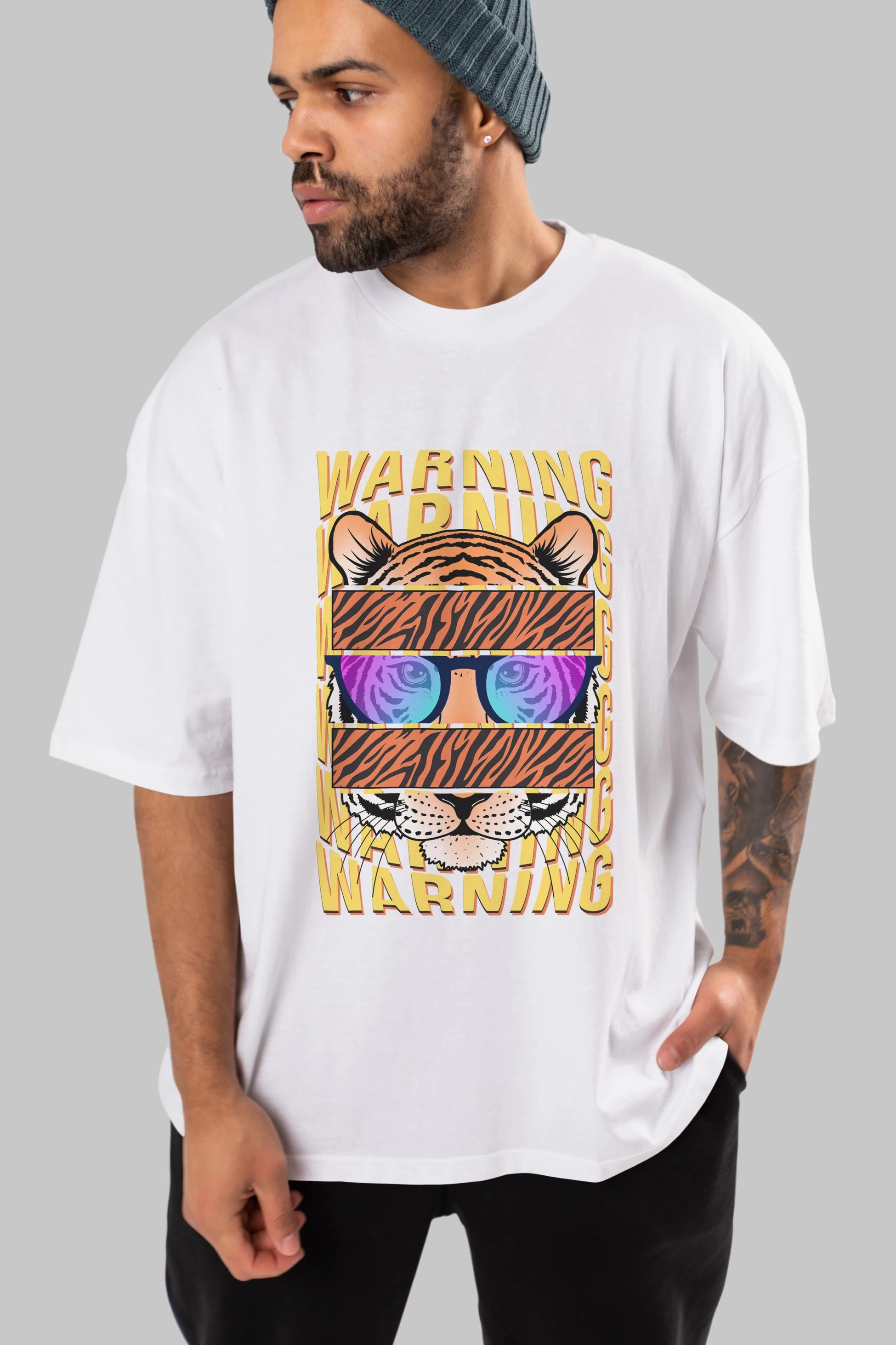 Warning Yazılı Ön Baskılı Oversize t-shirt Erkek Kadın Unisex