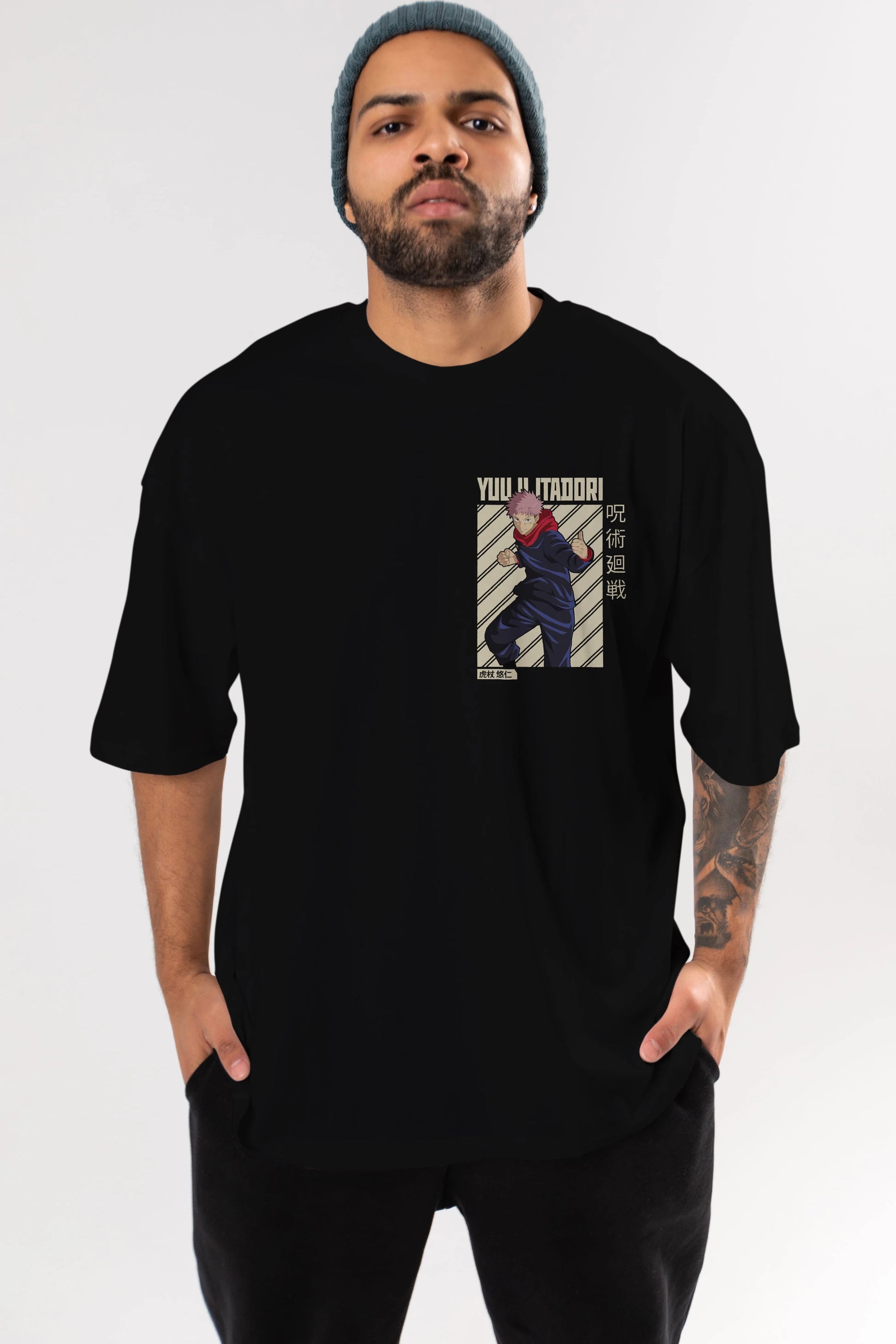 Yuuji Itadori 1 Ön Sol Baskılı Oversize t-shirt Erkek Kadın Unisex %100 Pamuk Bisiklet Yaka tişort