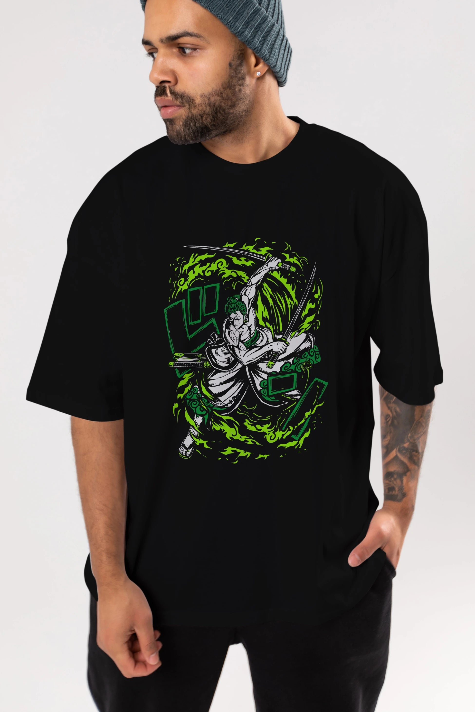 ZORO-ONE PIECE (2) Anime Ön Baskılı Oversize t-shirt %100 pamuk Erkek Kadın Unisex