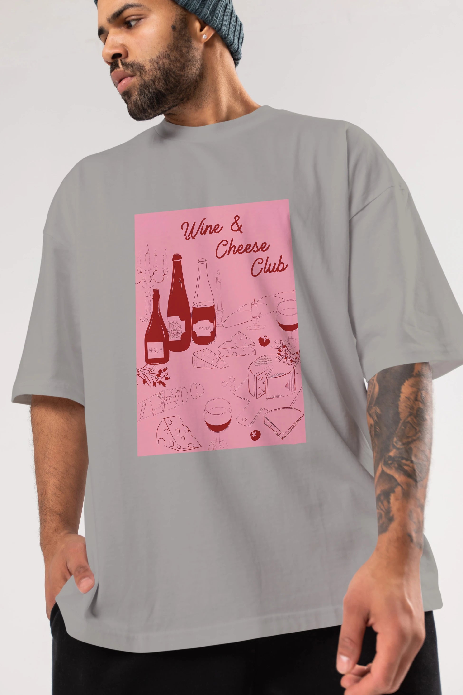 Wine Cheese Club Ön Baskılı Oversize t-shirt Erkek Kadın Unisex %100 Pamuk Bisiklet Yaka tişort