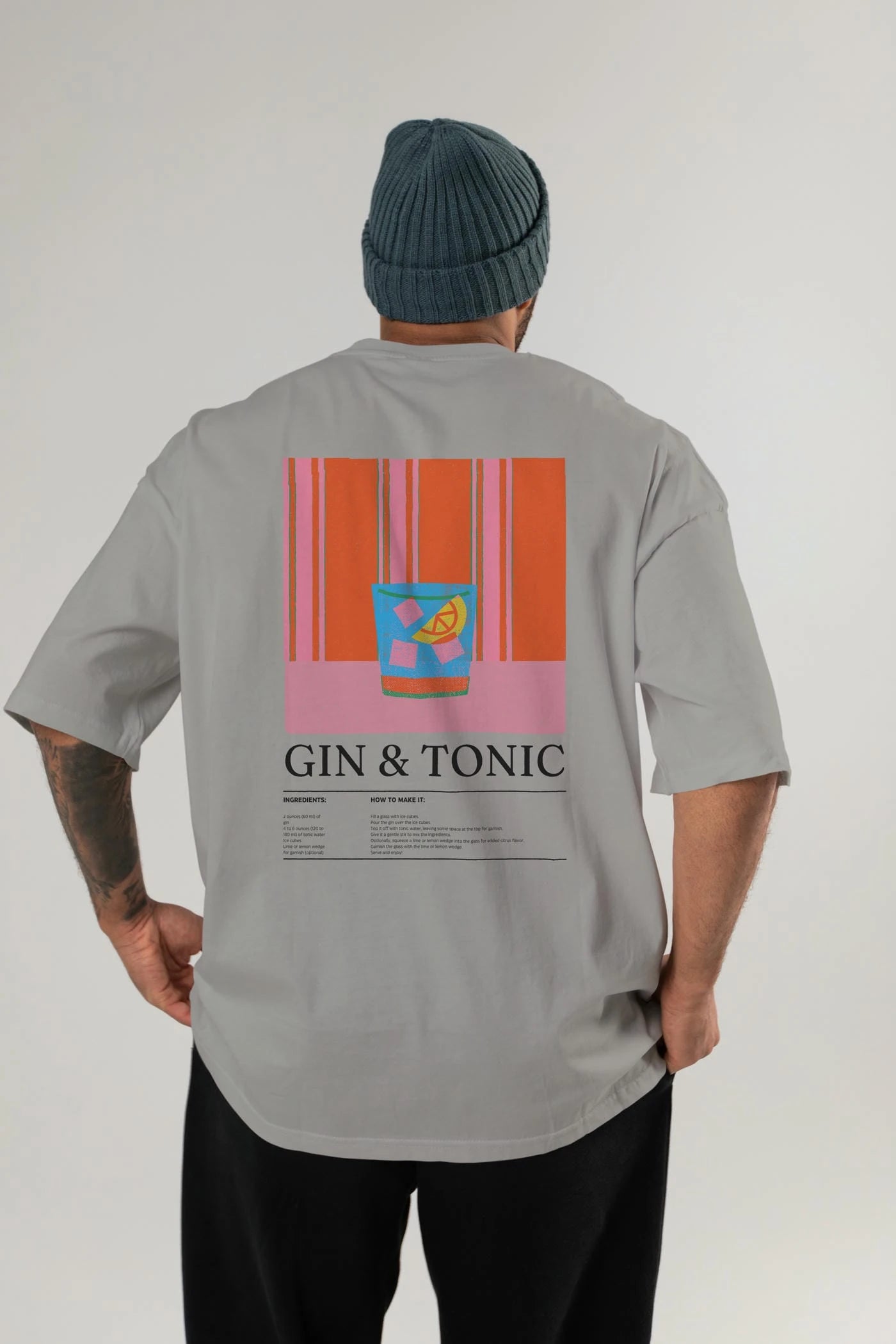 Gin Tonic Kokteyl Serisi Arka Baskılı Oversize t-shirt Erkek Kadın %100 Pamuk Bisiklet Yaka tişort