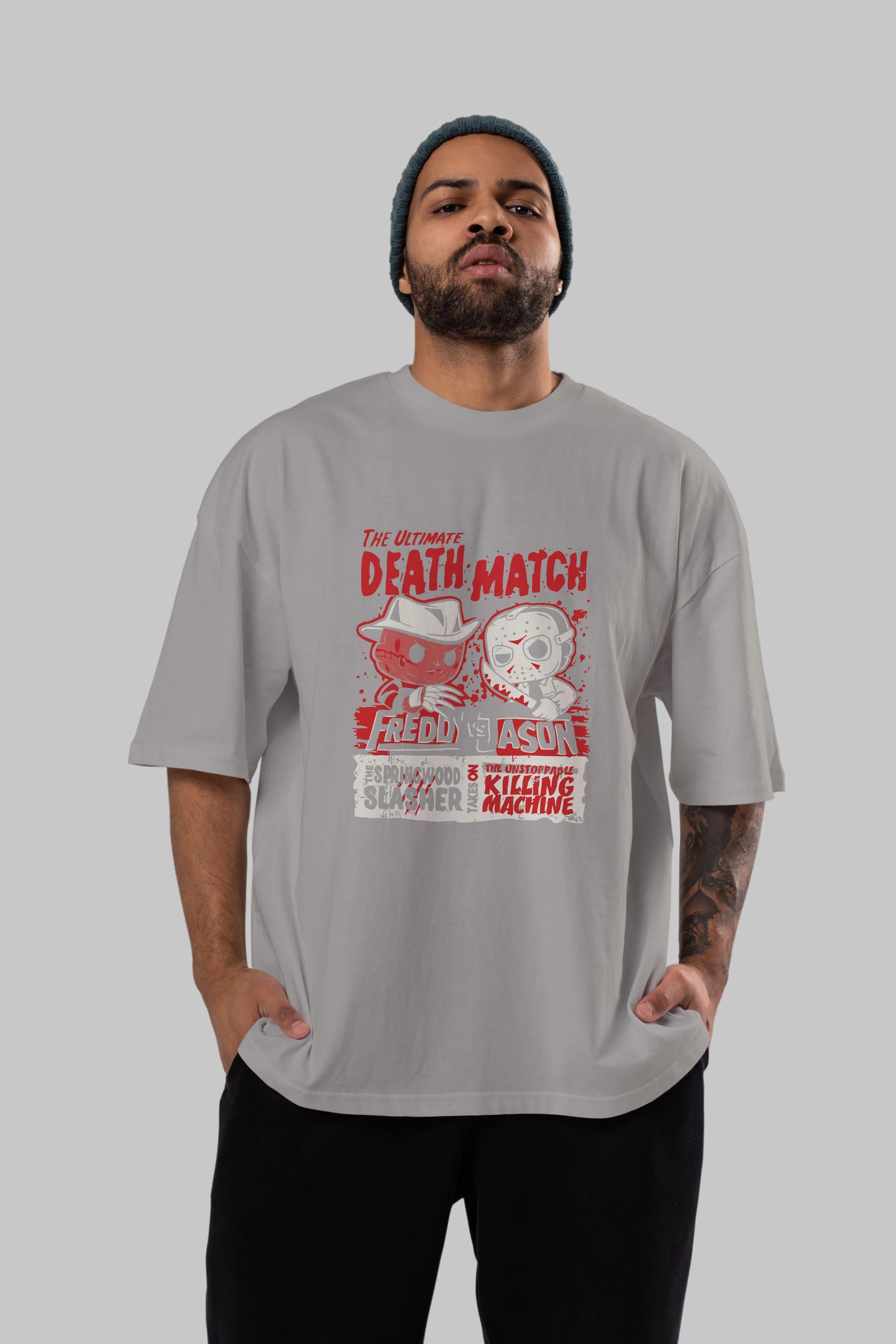 Freddy vs Jason Ön Baskılı Oversize t-shirt Erkek Kadın Unisex %100 Pamuk Bisiklet Yaka tişort