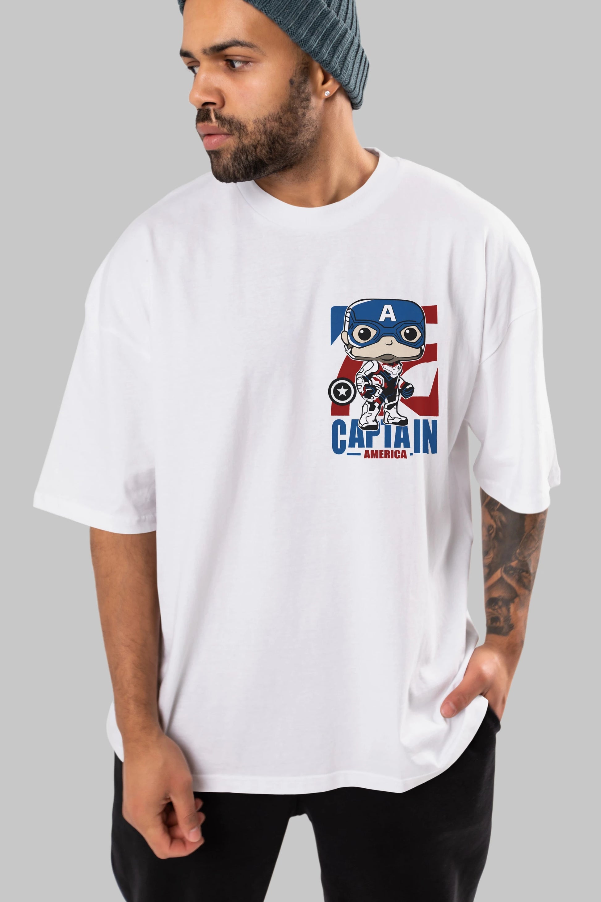 Captain America Ön Sol Baskılı Oversize t-shirt Erkek Kadın Unisex %100 Pamuk Bisiklet Yaka tişort