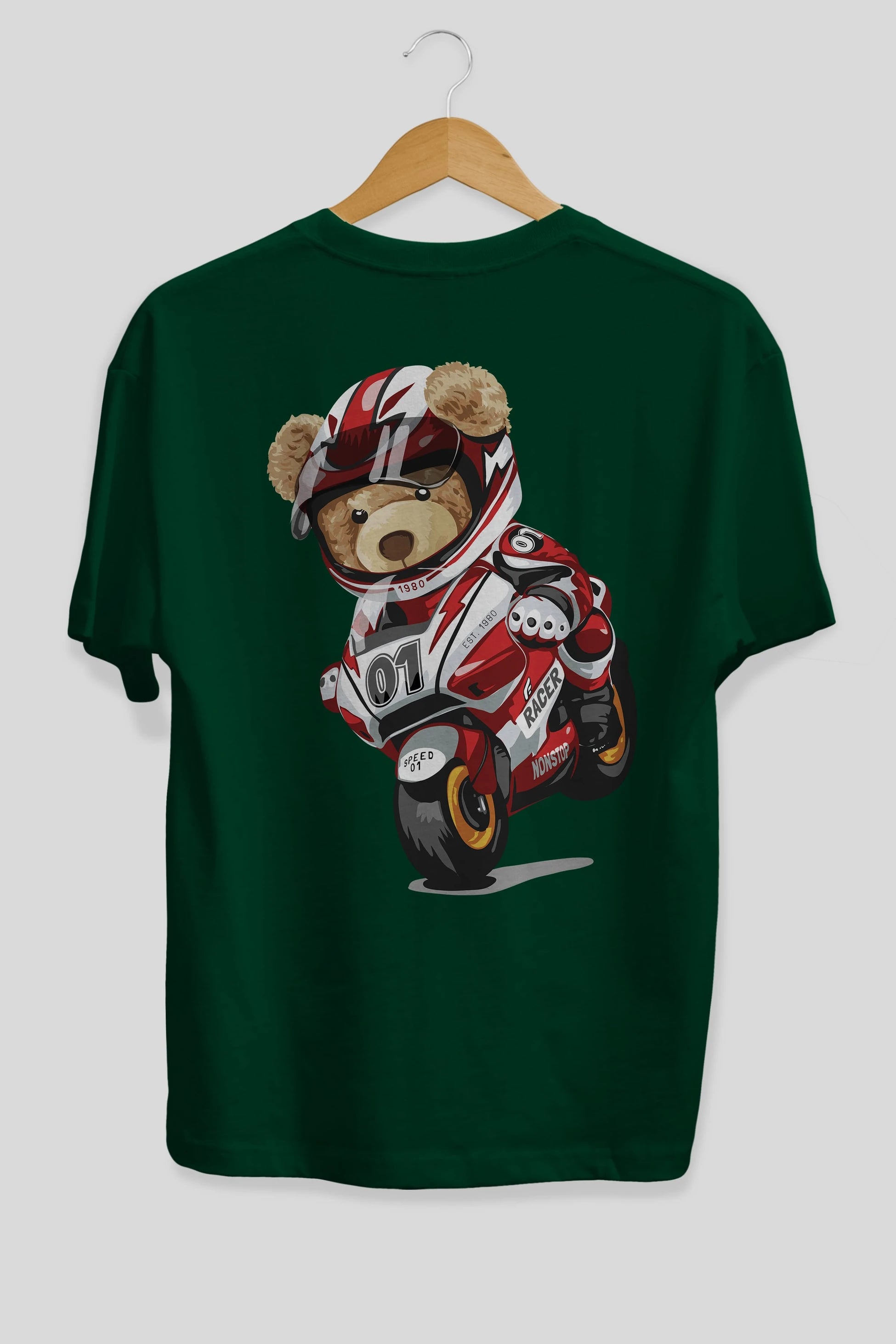Teddy Bear Racer Arka Baskılı Oversize t-shirt Erkek Kadın Unisex %100 Pamuk