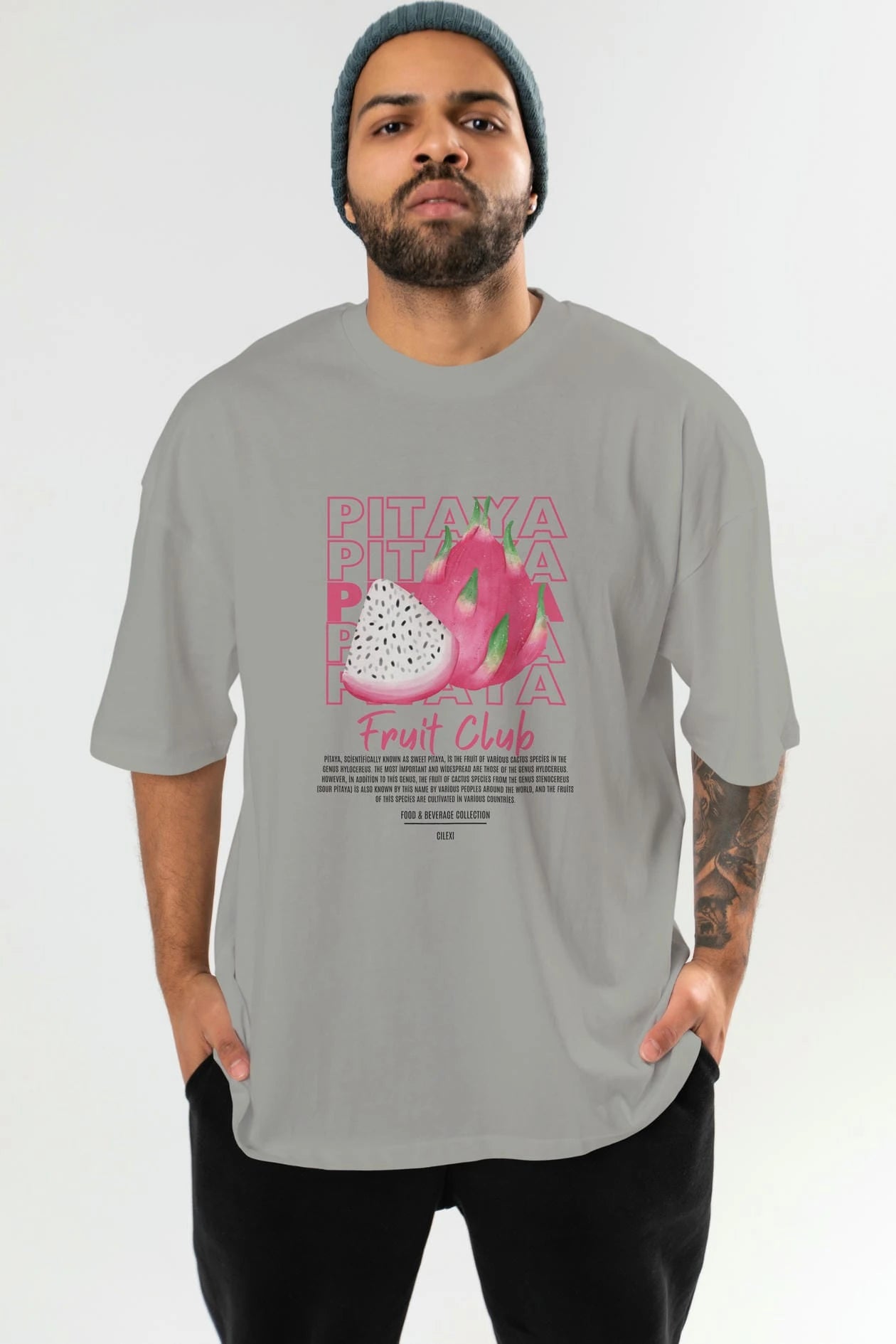 Pitaya Ön Baskılı Oversize t-shirt Erkek Kadın Pamuk Bisiklet Yaka tişort
