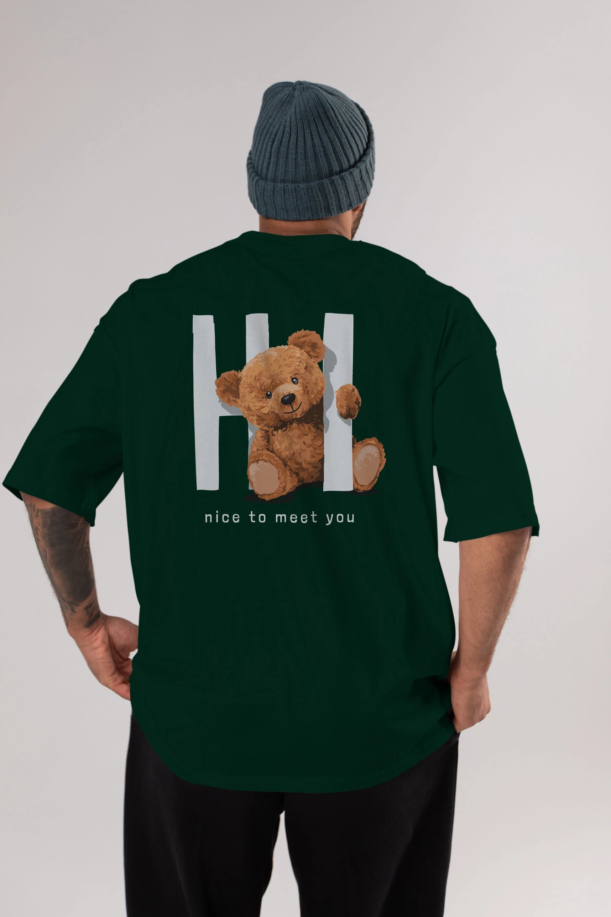 Teddy Bear Hi Nice To Meet You Arka Baskılı Oversize t-shirt Erkek Kadın Unisex %100 Pamuk