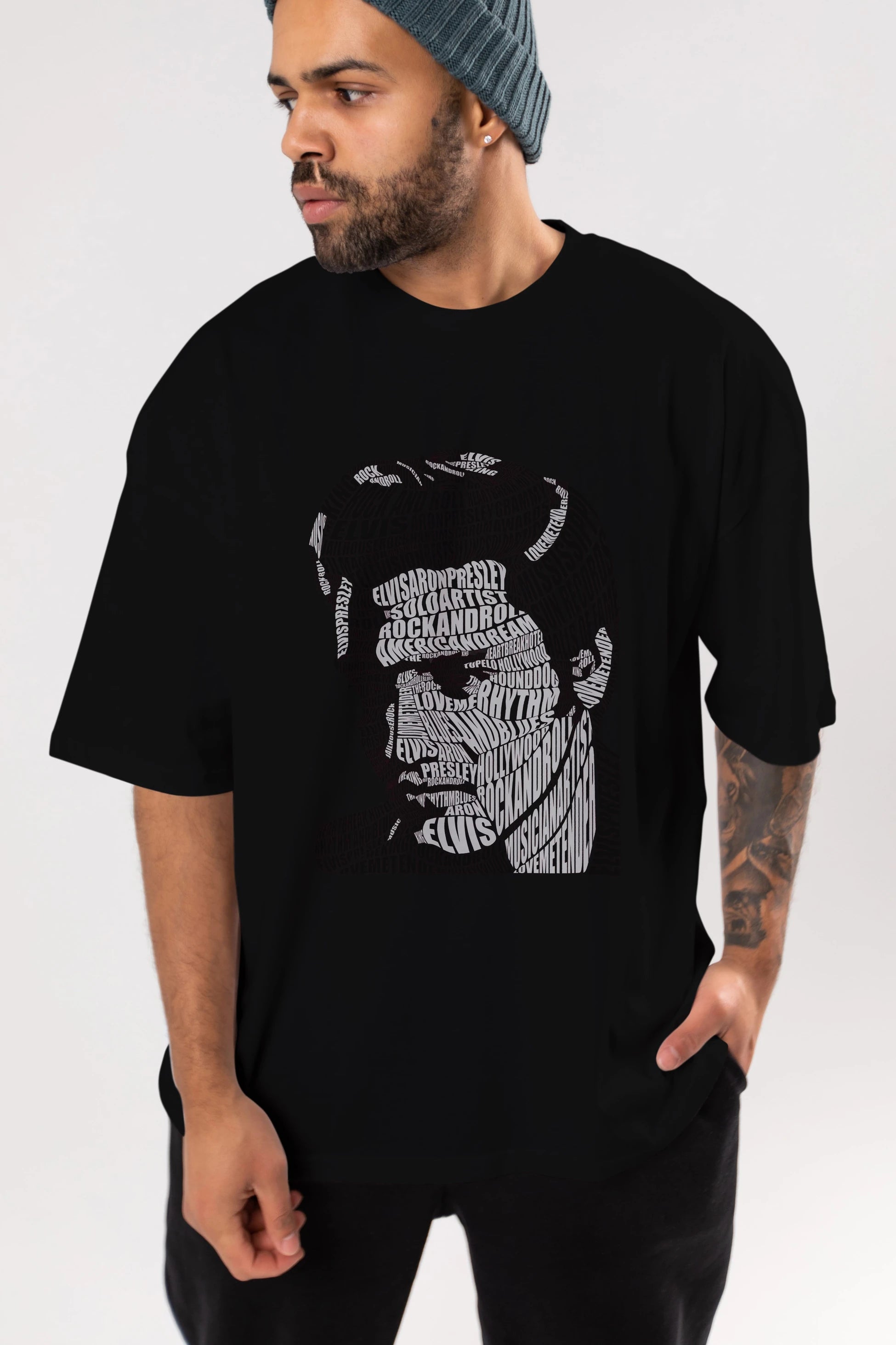 Elvis Presley Calligram Ön Baskılı Oversize t-shirt %100 pamuk Erkek Kadın Unisex