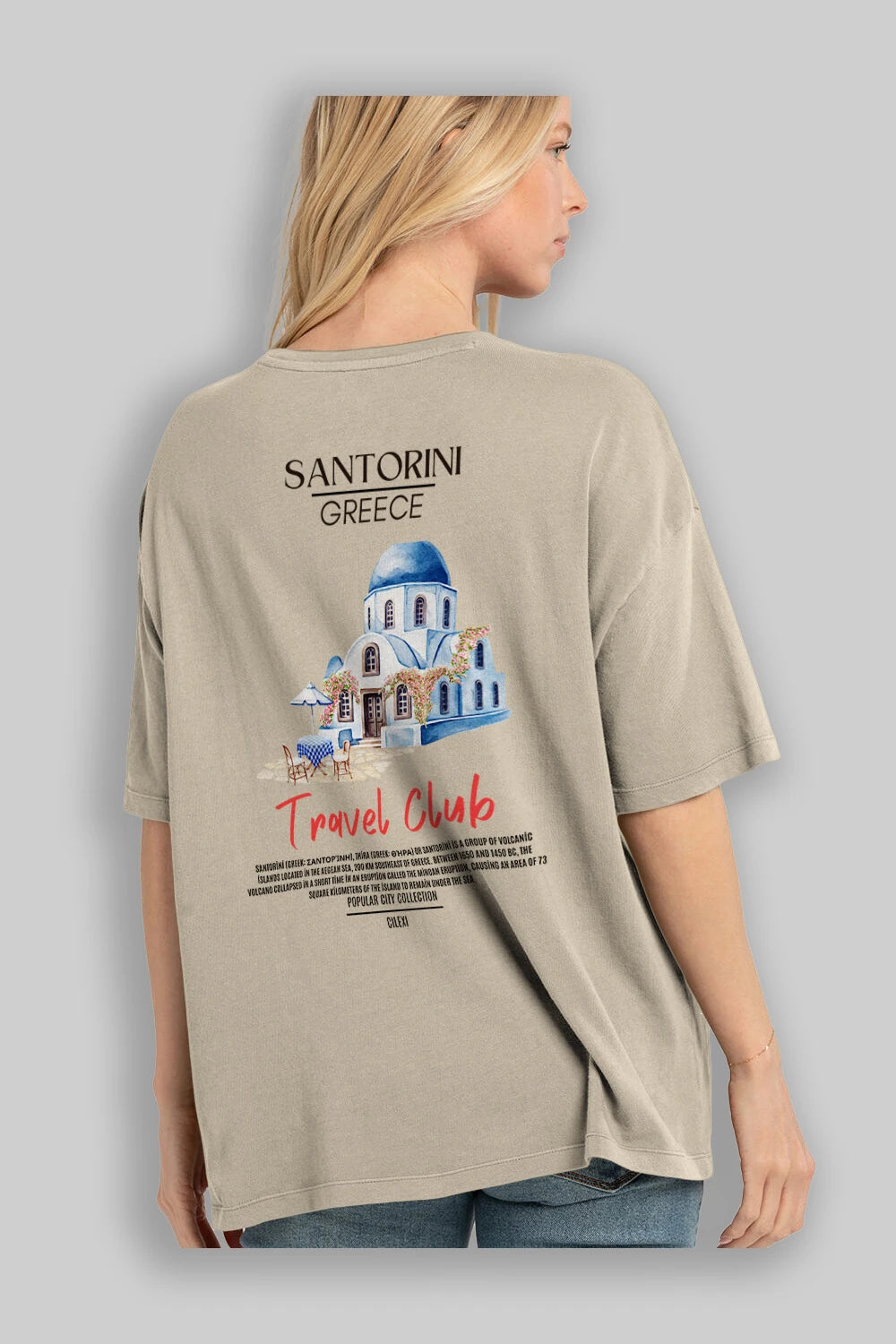 Santorini Greece Arka Baskılı Oversize t-shirt Erkek Kadın Pamuk Bisiklet Yaka tişort