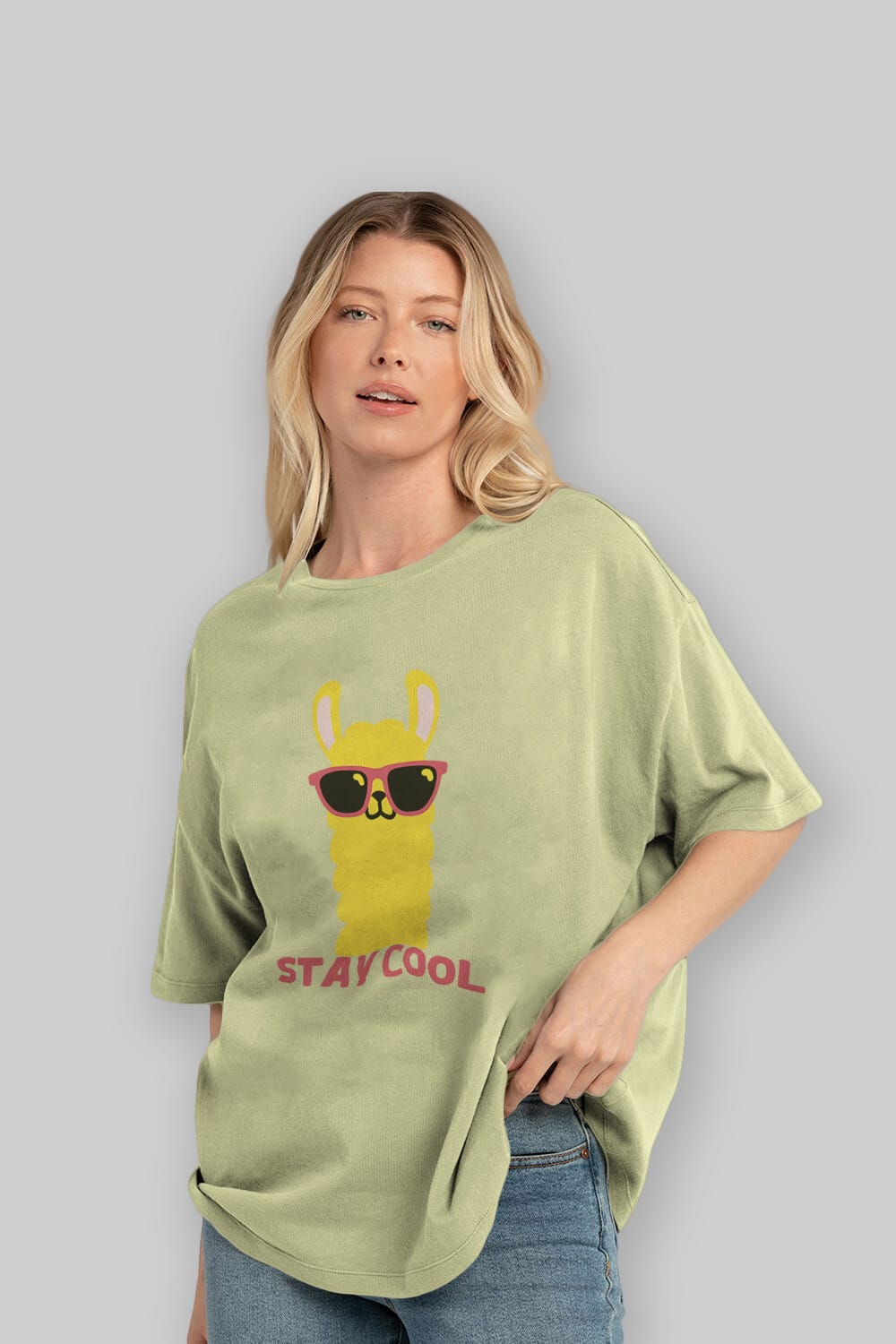 Stay Cool Yazılı Lama Ön Baskılı Oversize t-shirt Erkek Kadın Unisex