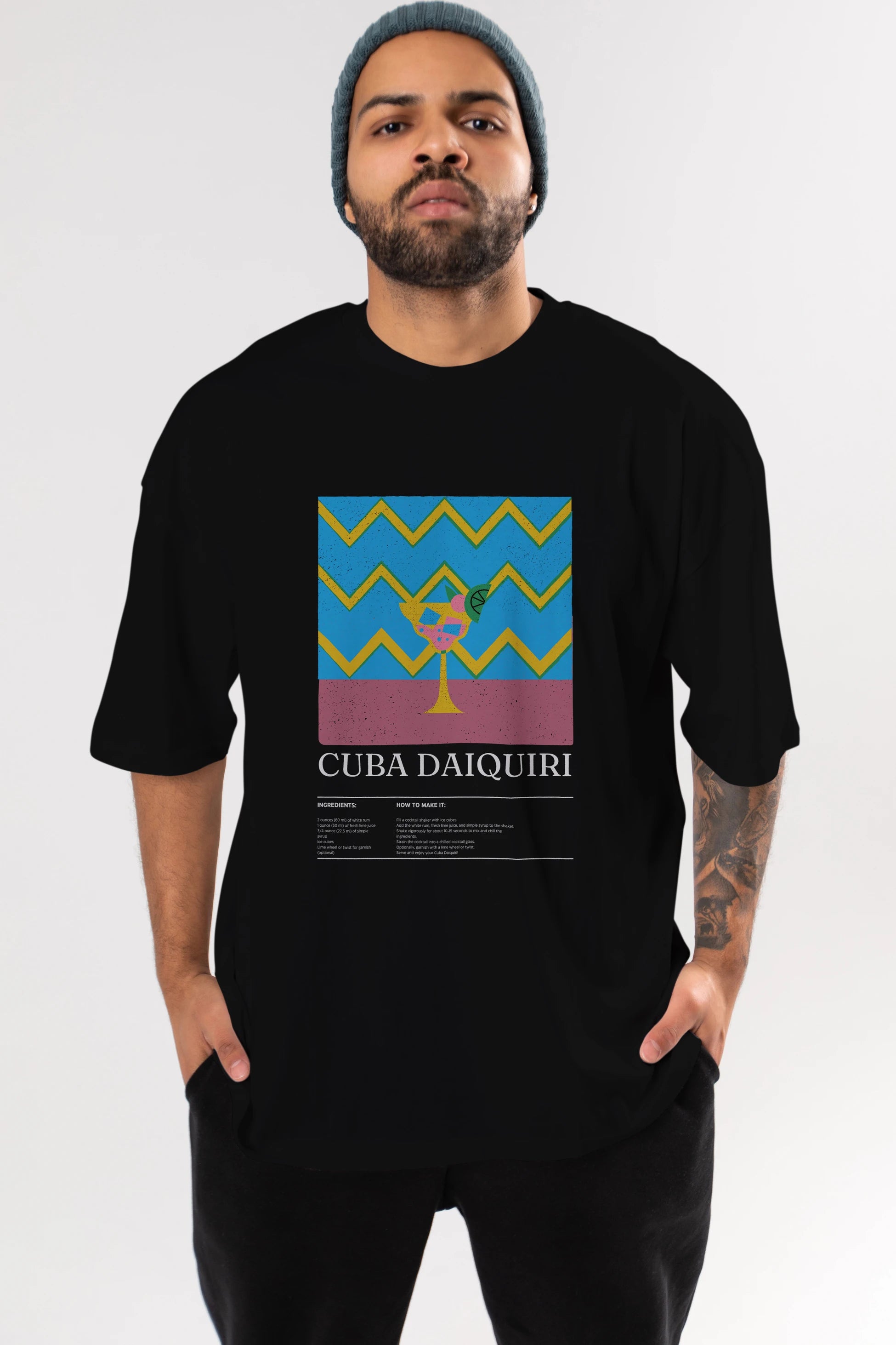 Cuba Daiquiri Kokteyl Ön Baskılı Oversize t-shirt Erkek Kadın %100 Pamuk Bisiklet Yaka tişort