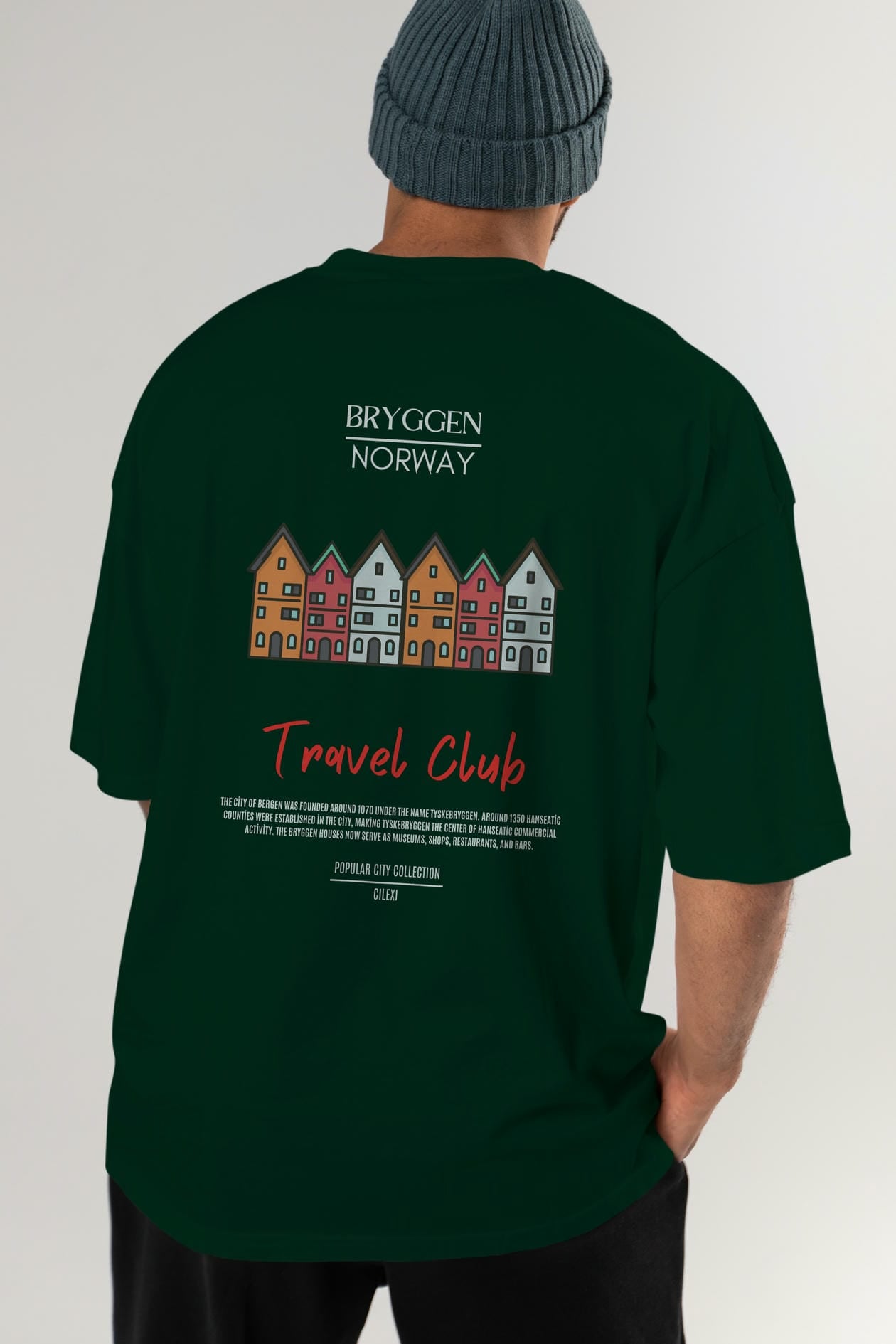 Bryggen Norway Arka Baskılı Oversize t-shirt Erkek Kadın Pamuk Bisiklet Yaka tişort