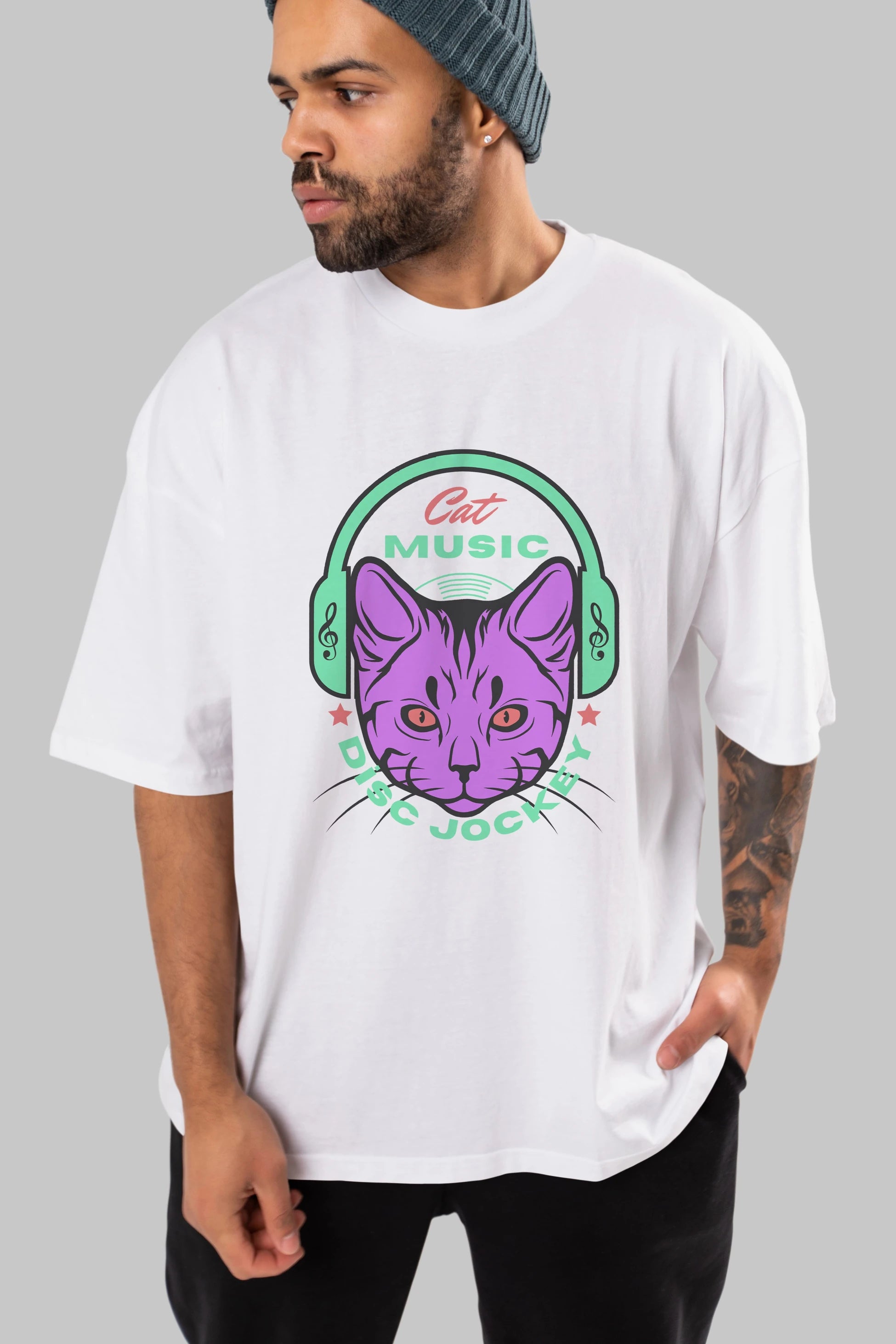 Cat Music Ön Baskılı Oversize t-shirt Erkek Kadın Unisex