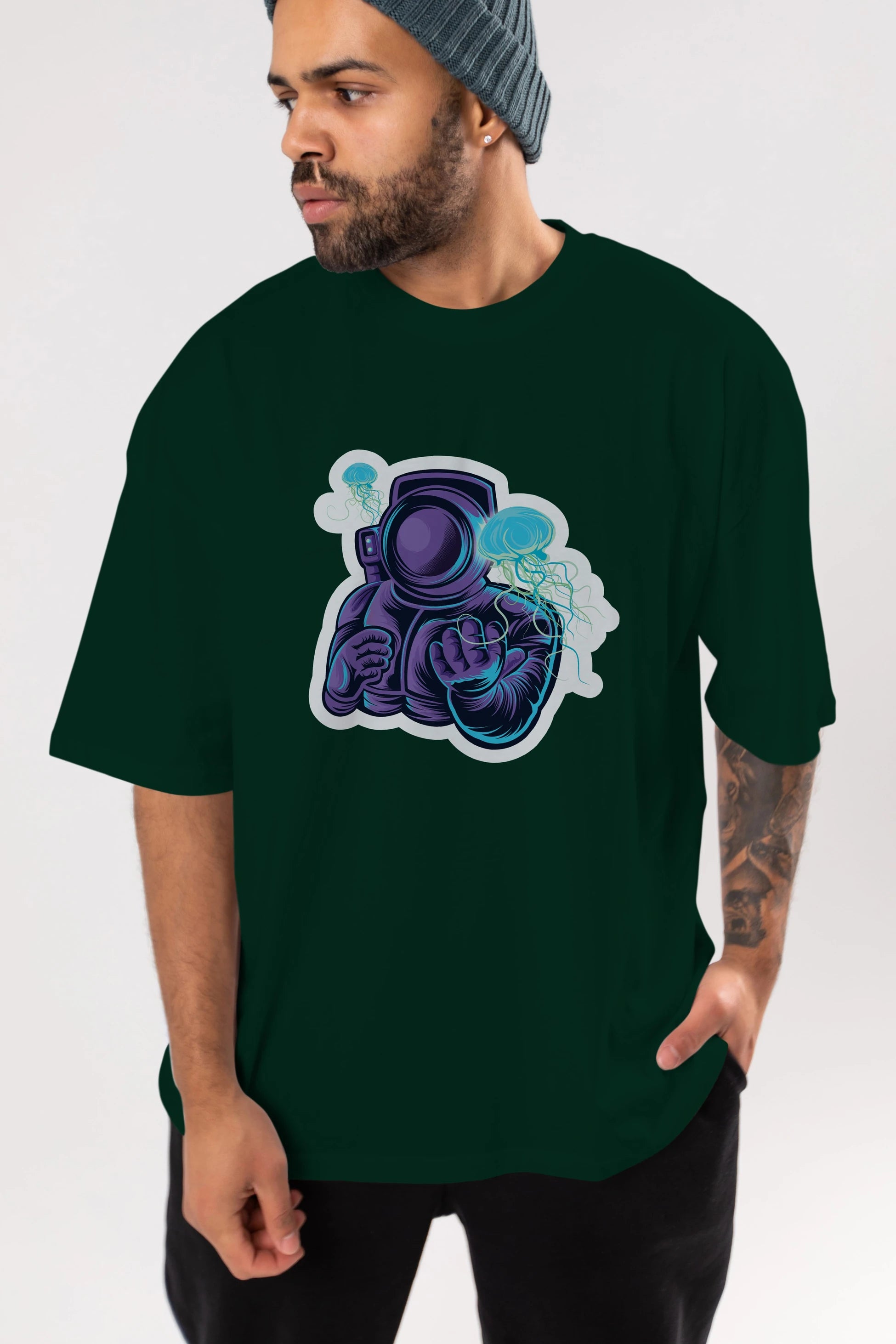 Astronaut and Jellyfish Sticker Ön Baskılı Oversize t-shirt Erkek Kadın Unisex