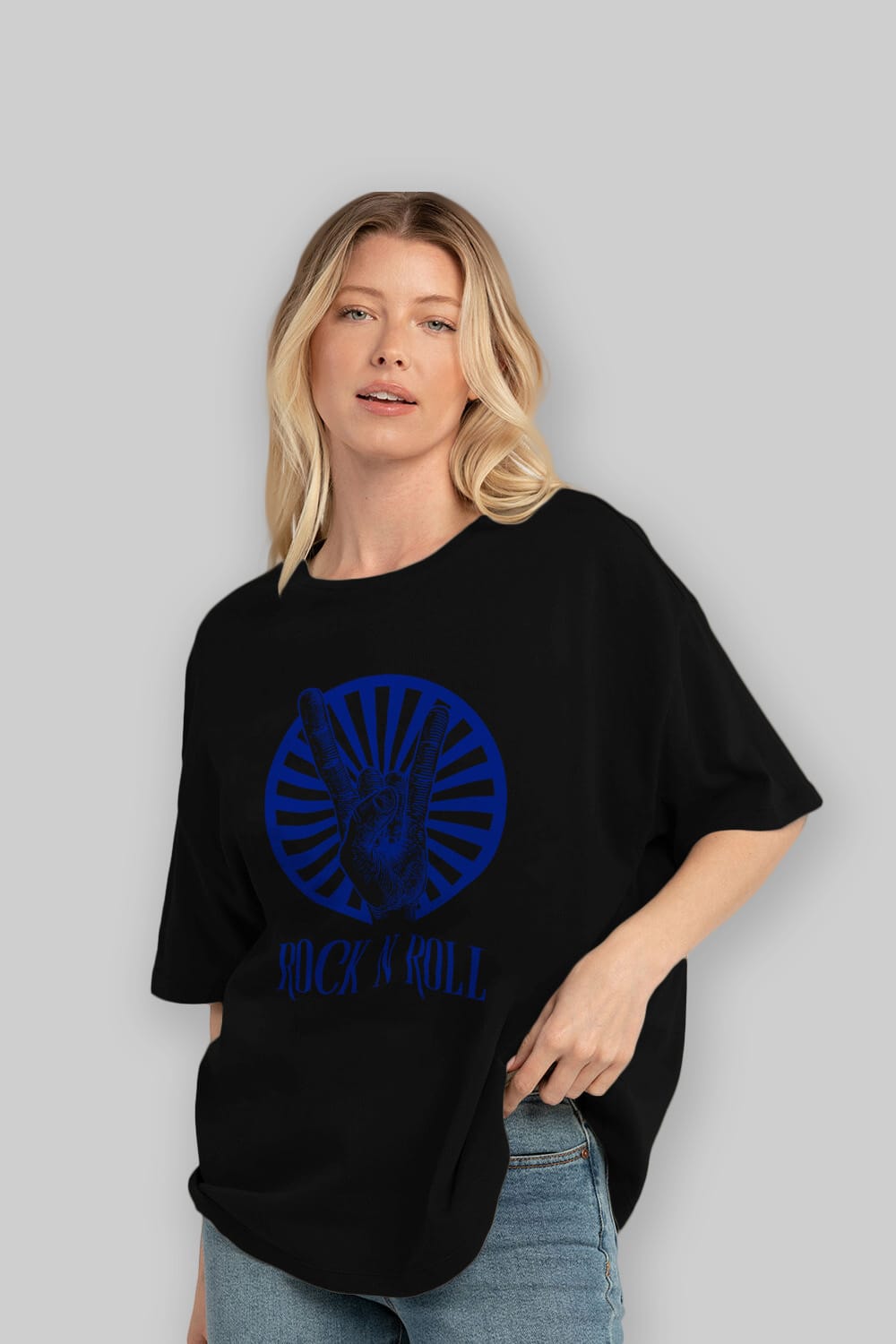 Rock N Roll Yazılı Ön Baskılı Oversize t-shirt Erkek Kadın Unisex