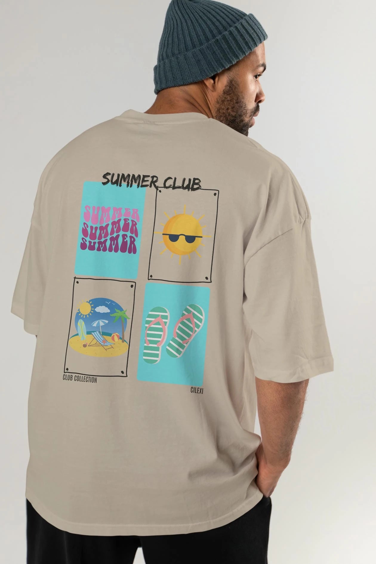 Summer Club Arka Baskılı Oversize t-shirt Erkek Kadın %100 Pamuk Bisiklet Yaka tişort
