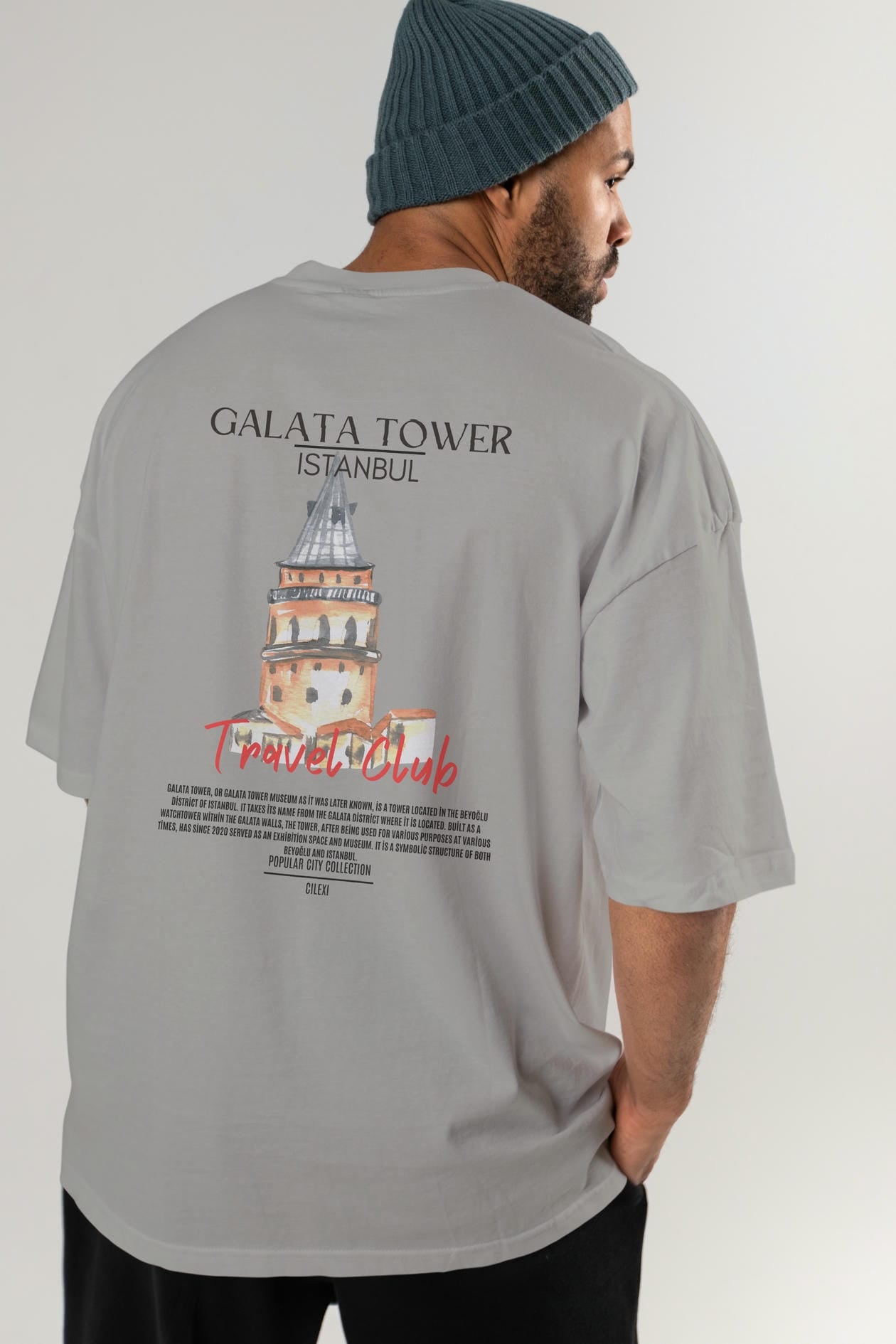 Galata Tower İstanbul Arka Baskılı Oversize t-shirt Erkek Kadın Pamuk Bisiklet Yaka tişort