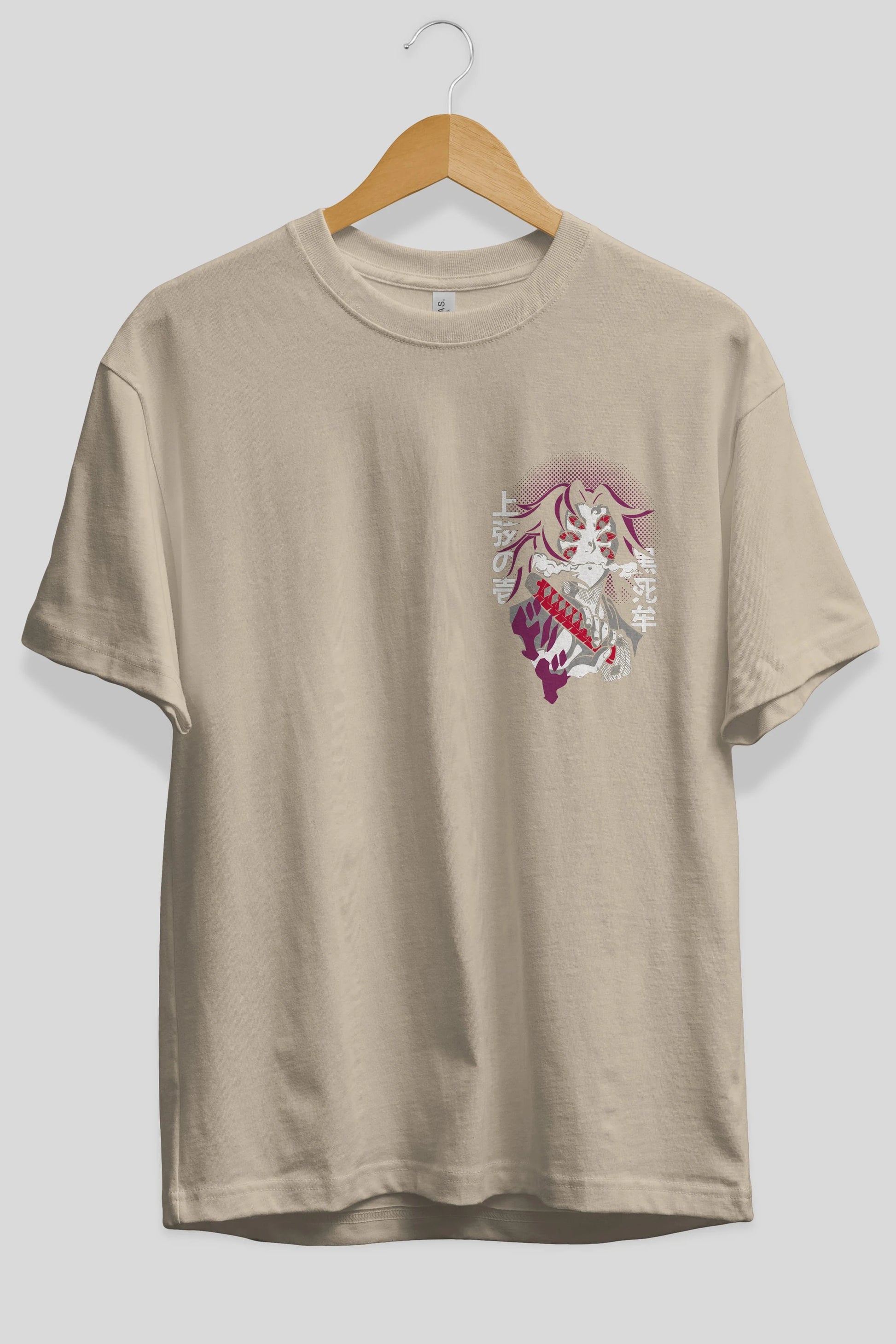 Kokushibo Ön Sol Baskılı Oversize t-shirt Erkek Kadın Unisex %100 Pamuk Bisiklet Yaka tişort