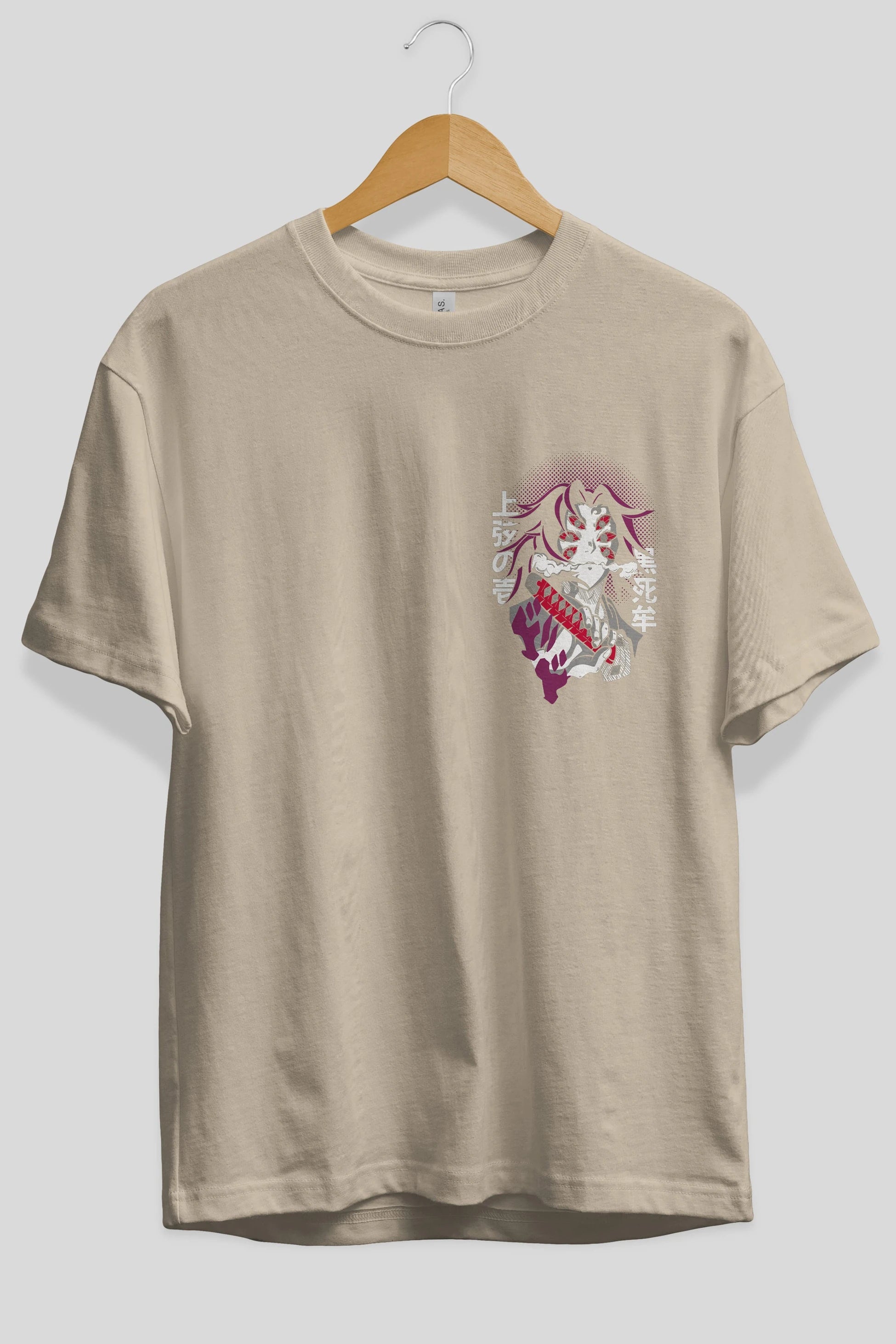 Kokushibo Ön Sol Baskılı Oversize t-shirt Erkek Kadın Unisex %100 Pamuk Bisiklet Yaka tişort