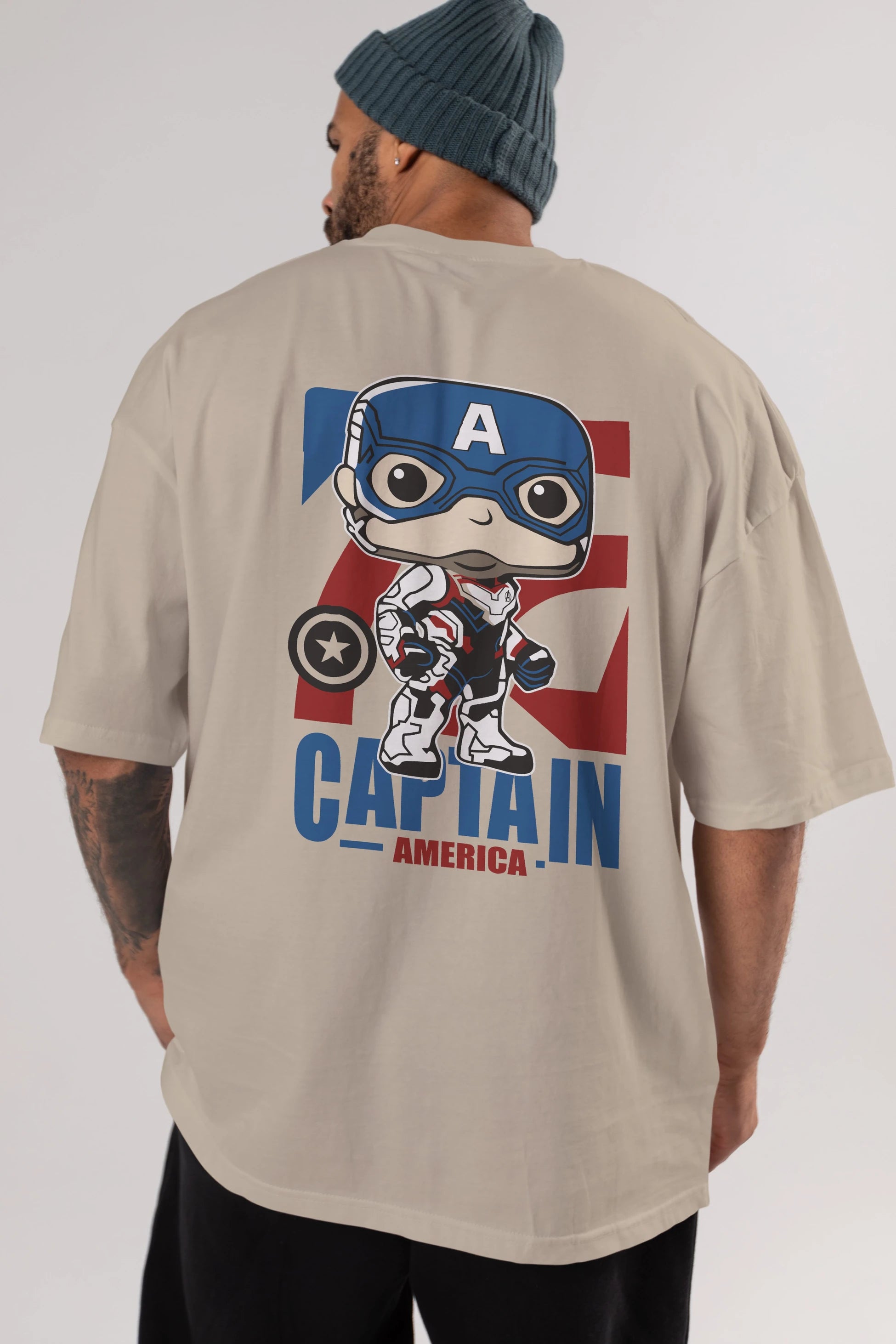 Captain America Arka Baskılı Oversize t-shirt Erkek Kadın Unisex %100 Pamuk Bisiklet Yaka tişort