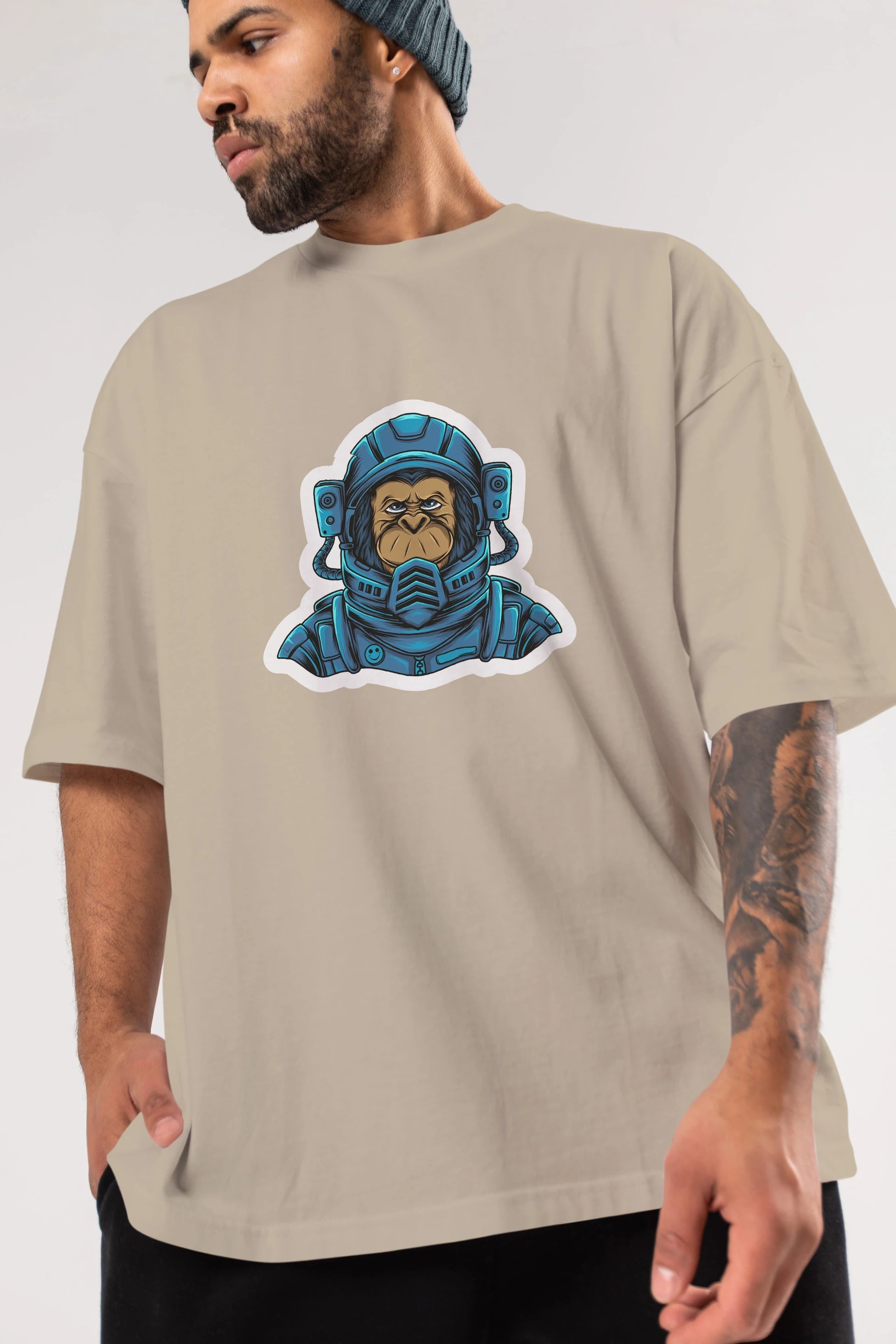 Astromonkey Sticker Ön Baskılı Oversize t-shirt Erkek Kadın Unisex