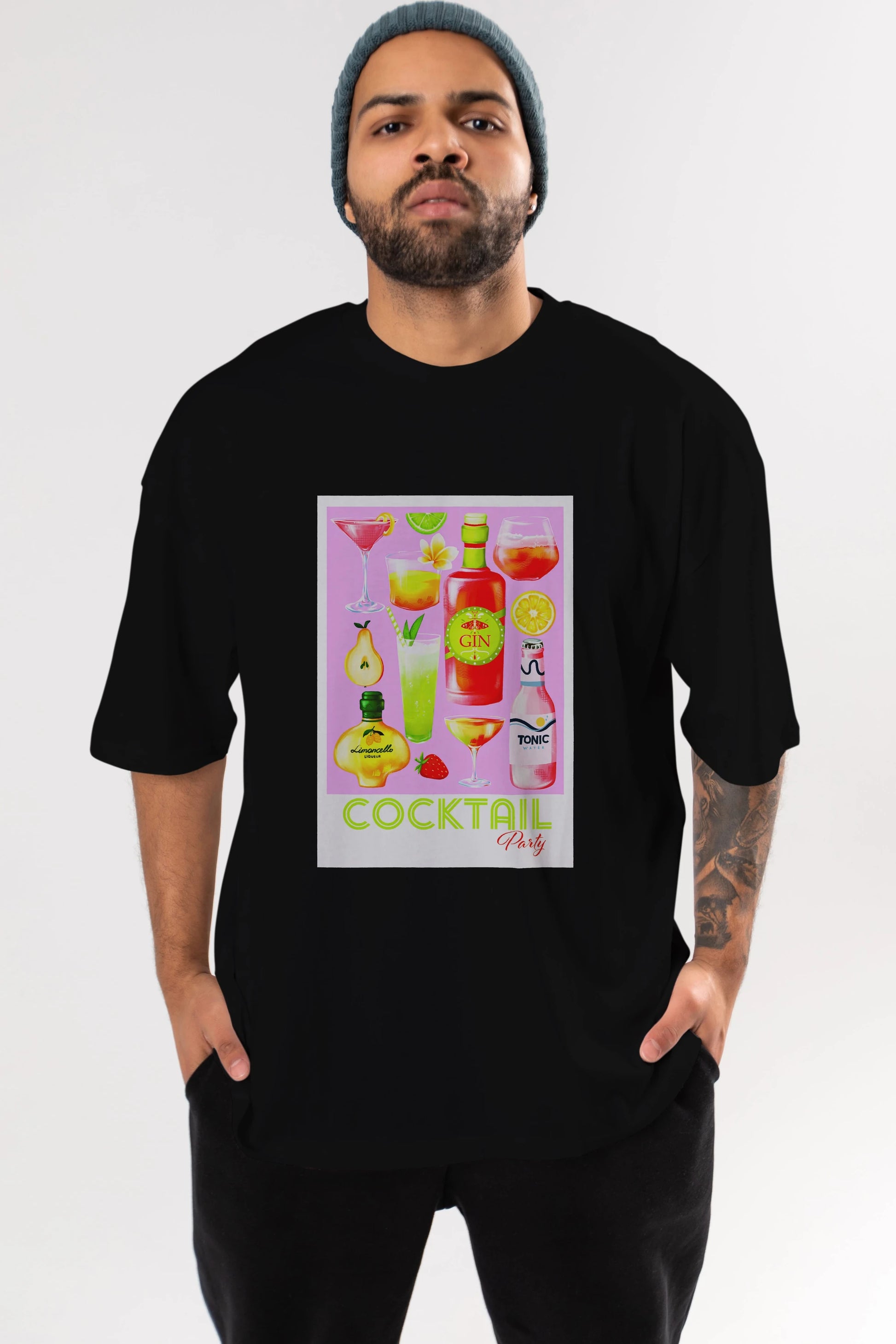 Cocktail Party Ön Baskılı Oversize t-shirt Erkek Kadın Unisex %100 Pamuk Bisiklet Yaka tişort