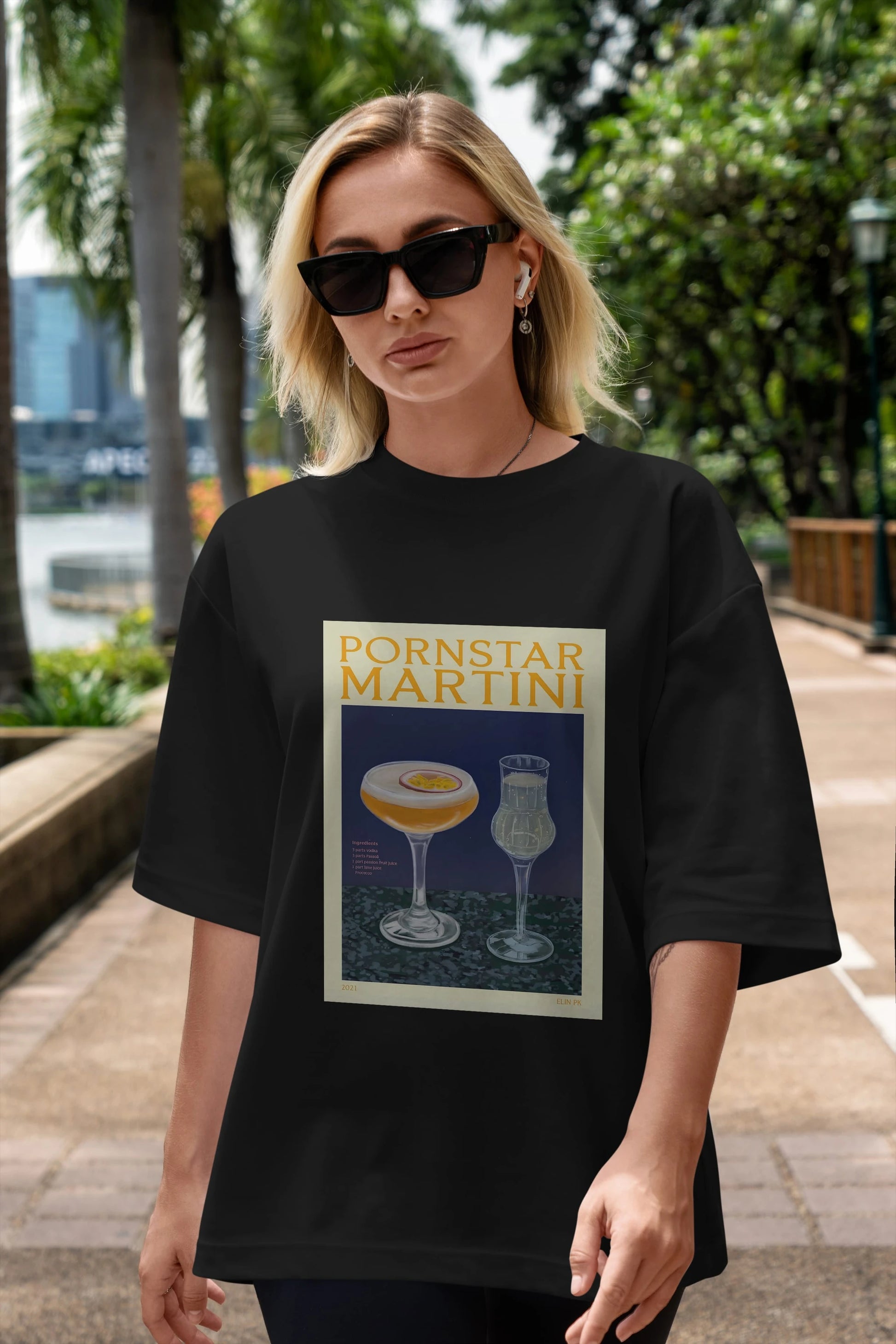 P.rnstar Martini Ön Baskılı Oversize t-shirt Erkek Kadın Unisex %100 Pamuk Bisiklet Yaka tişort