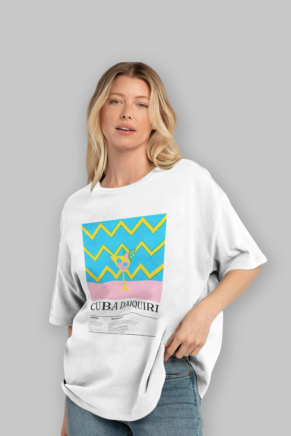 Cuba Daiquiri Kokteyl Ön Baskılı Oversize t-shirt Erkek Kadın %100 Pamuk Bisiklet Yaka tişort