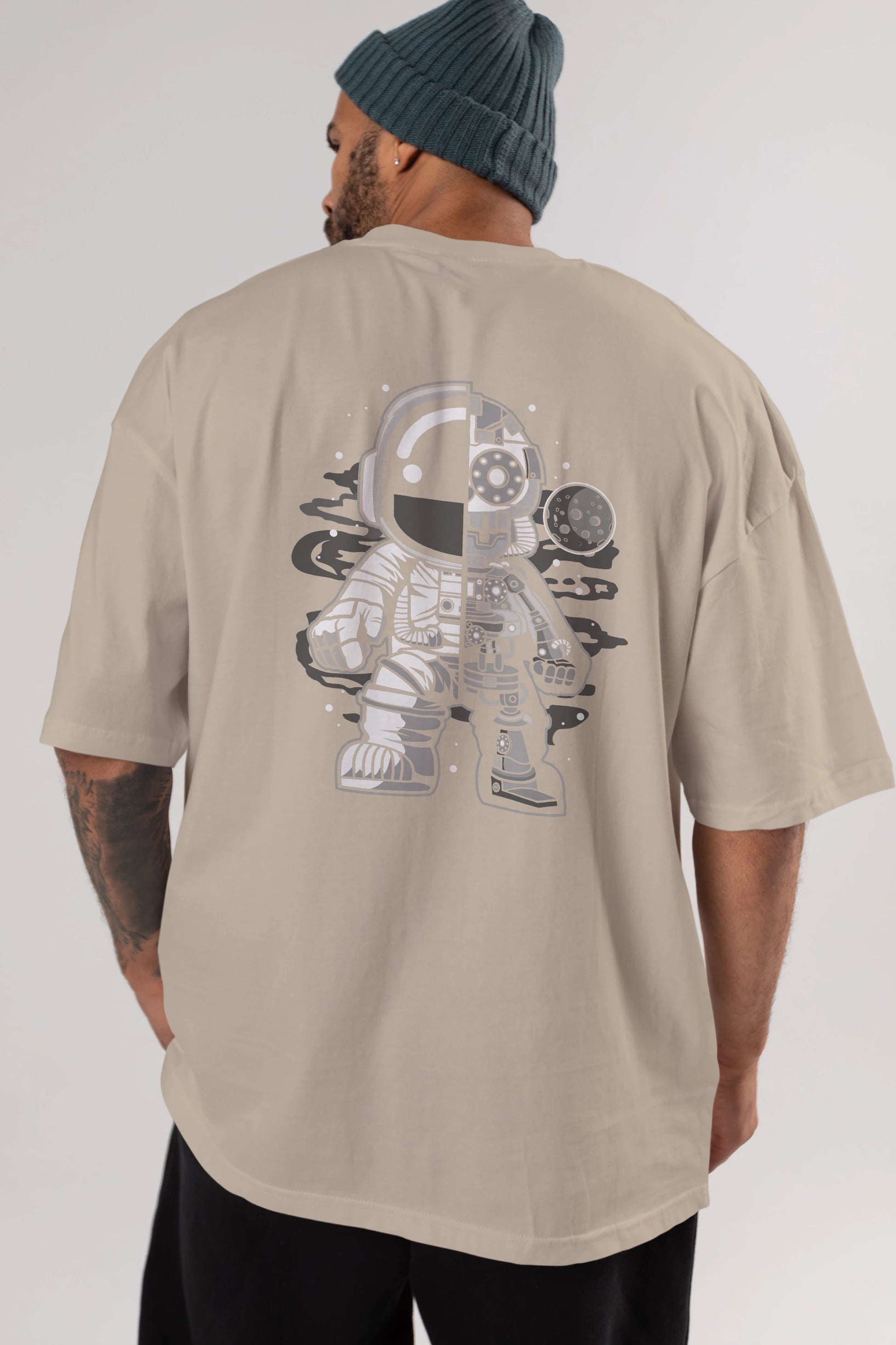 Astronaut Half Robot Arka Baskılı Oversize t-shirt Erkek Kadın Unisex